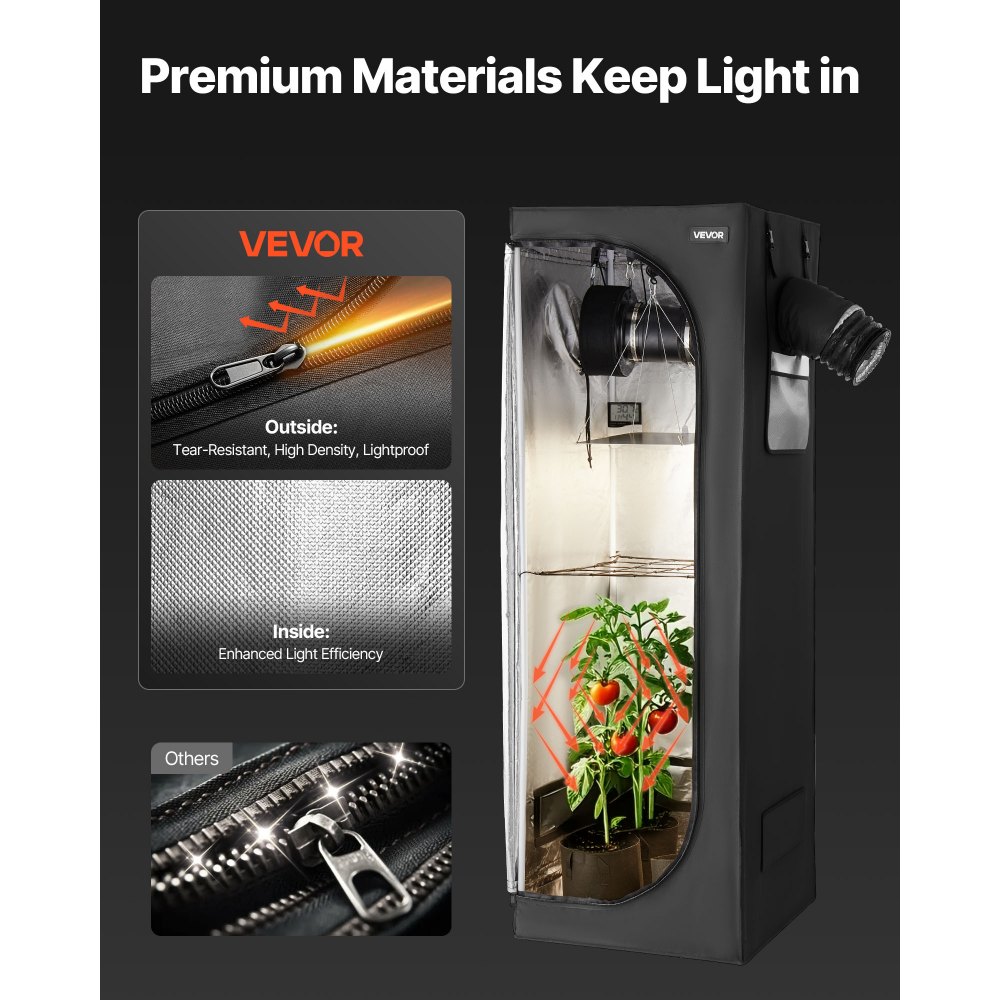 VEVOR Kit Completo per Tenda da Coltivazione da Interno 60x60x180 cm Tenda da Coltivazione con Illuminazione LED a Spettro Completo, Sistema di Ventilazione, Mylar 600D, per Fiori Verdure