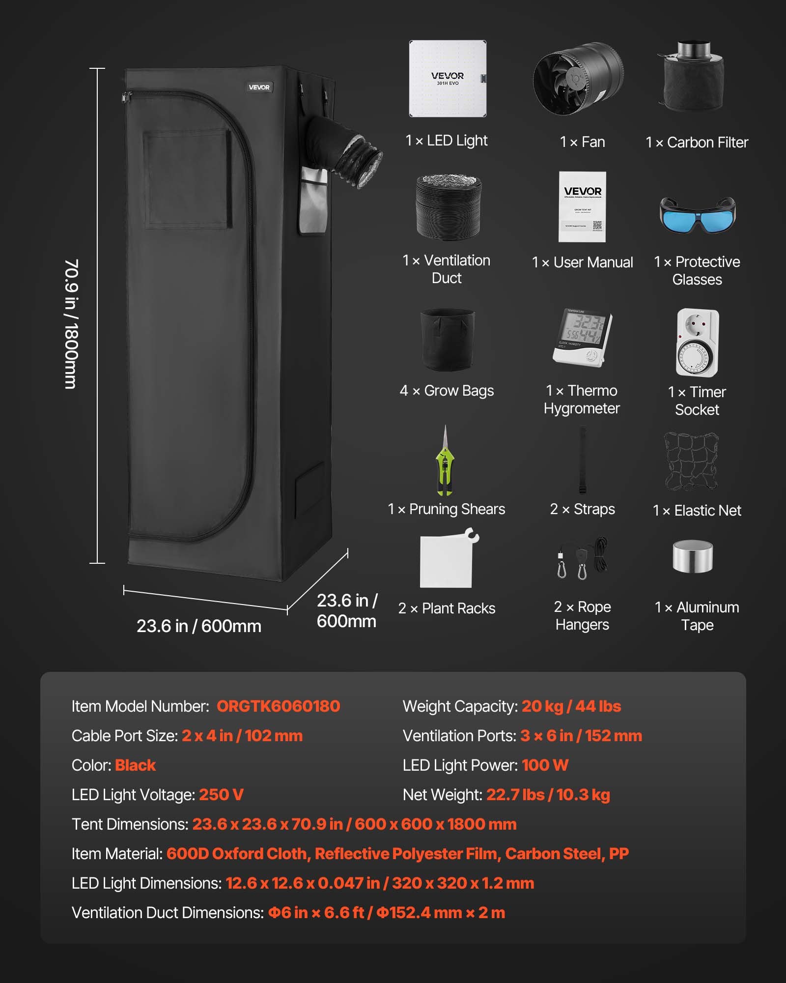 VEVOR Kit Completo per Tenda da Coltivazione da Interno 60x60x180 cm Tenda da Coltivazione con Illuminazione LED a Spettro Completo, Sistema di Ventilazione, Mylar 600D, per Fiori Verdure