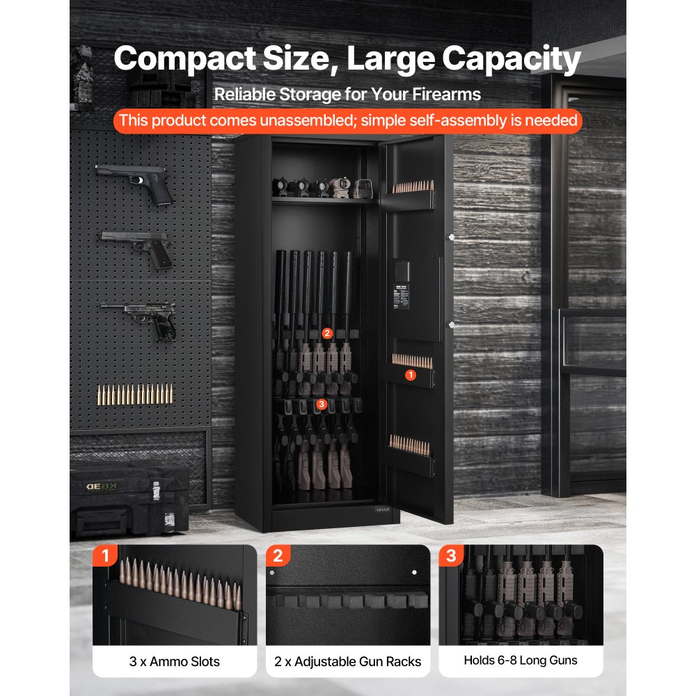 VEVOR 6-8 Gun Safe, Long Gun Cabinet for Rifles and Pistols, Quick Access Rifle Safe with 3 Ammo Slots and 2 Adjustable Racks, Large Digital Cabinet with Key and Password Lock