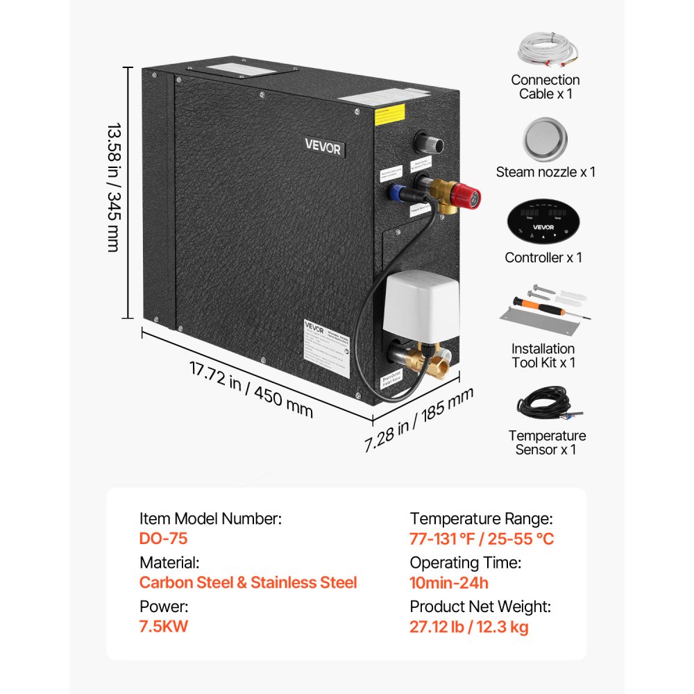 VEVOR Generatore di Vapore, Sistema Doccia a Vapore da 7,5 kW con Controller per Sauna SPA Domestica, Kit di Scarico Automatico Commerciale, Funzionamento a Secco e Sovrapressione, Nero