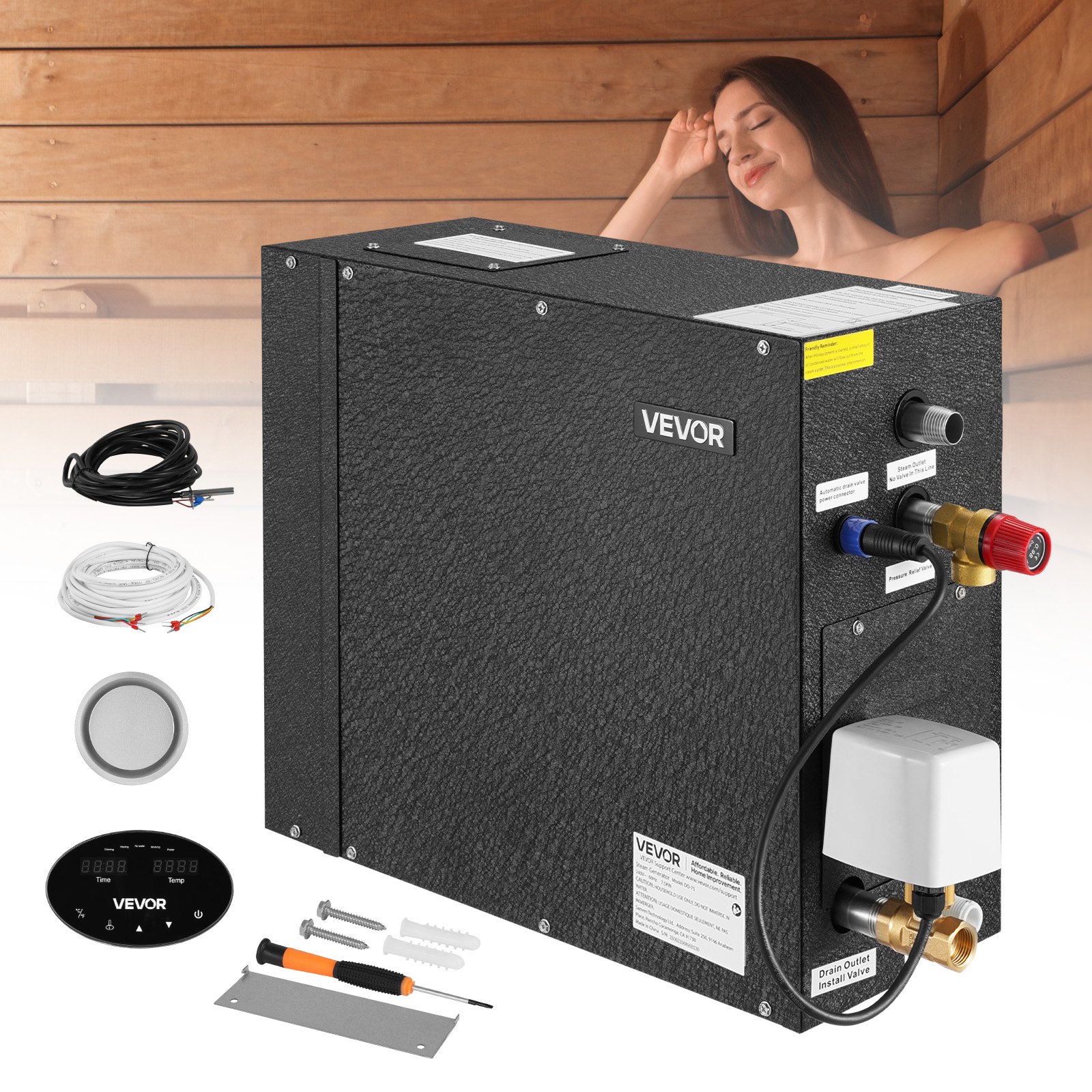 VEVOR Generatore di Vapore, Sistema Doccia a Vapore da 7,5 kW con Controller per Sauna SPA Domestica, Kit di Scarico Automatico Commerciale, Funzionamento a Secco e Sovrapressione, Nero