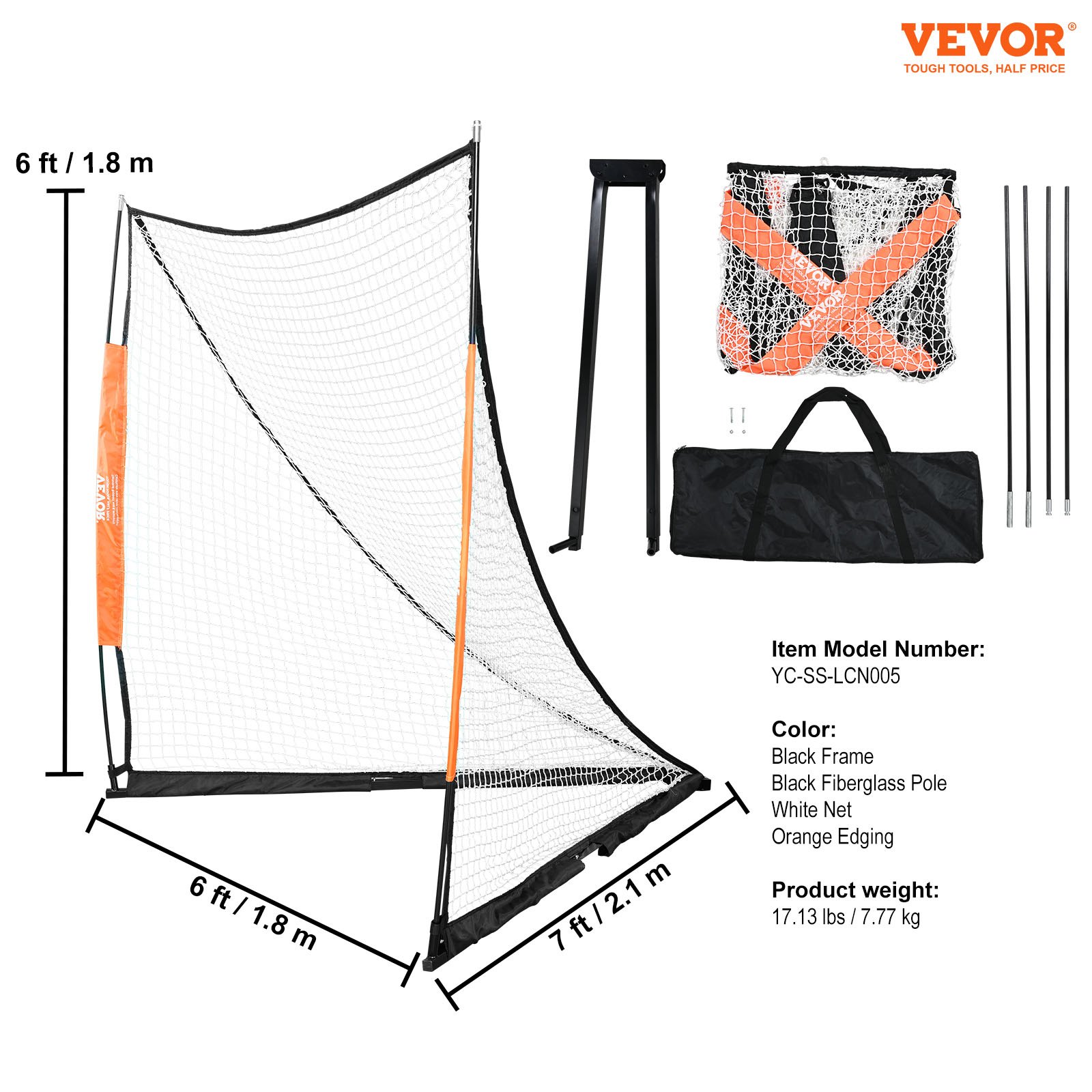 VEVOR Porta da Lacrosse, Rete da Lacrosse 6' x 6', Porta da Lacrosse Portatile con Borsa per Trasporto, Attrezzatura da Allenamento per Lacrosse in Cortile con Asta in Fibra di Vetro per l'Allenamento