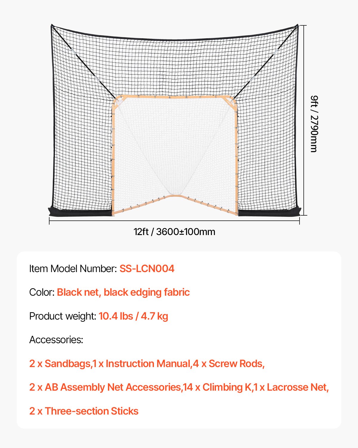 VEVOR Hockey Goal Lacrosse Goal (360 x 279 cm) Large Lacrosse Net with Extended Coverage, Quick and Easy Assembly Equipment for Garden, Complete Accessory Training Net (Net Only)