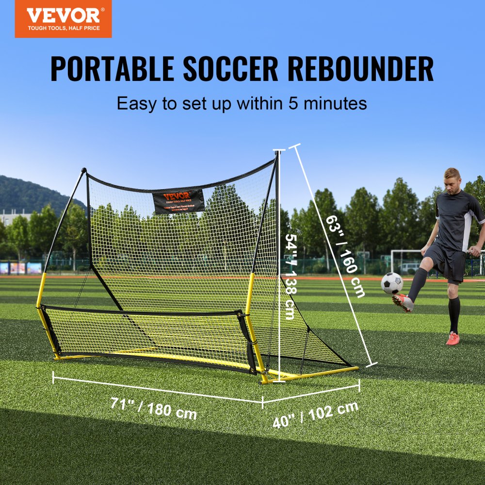 VEVOR Rete da Calcio Rimbalzo 183x130 cm Rete da Calcio Rimbalzo per Allenamento 2 in 1 Tubo in Ferro con Borsa Portatile per Allenamento Sportivo, Rete da Calcio Pieghevole per Allenamento Sportivo