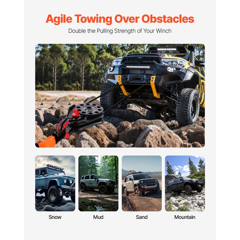 VEVOR Snatch Block per Recupero Verricello 14,5 T , Sistema di Carrucole Resistenza Rottura 14,5 T con Corda 9,5 mm Accessorio di Recupero Fuoristrada per Recupero su Camion, Trattori, ATV e UTV
