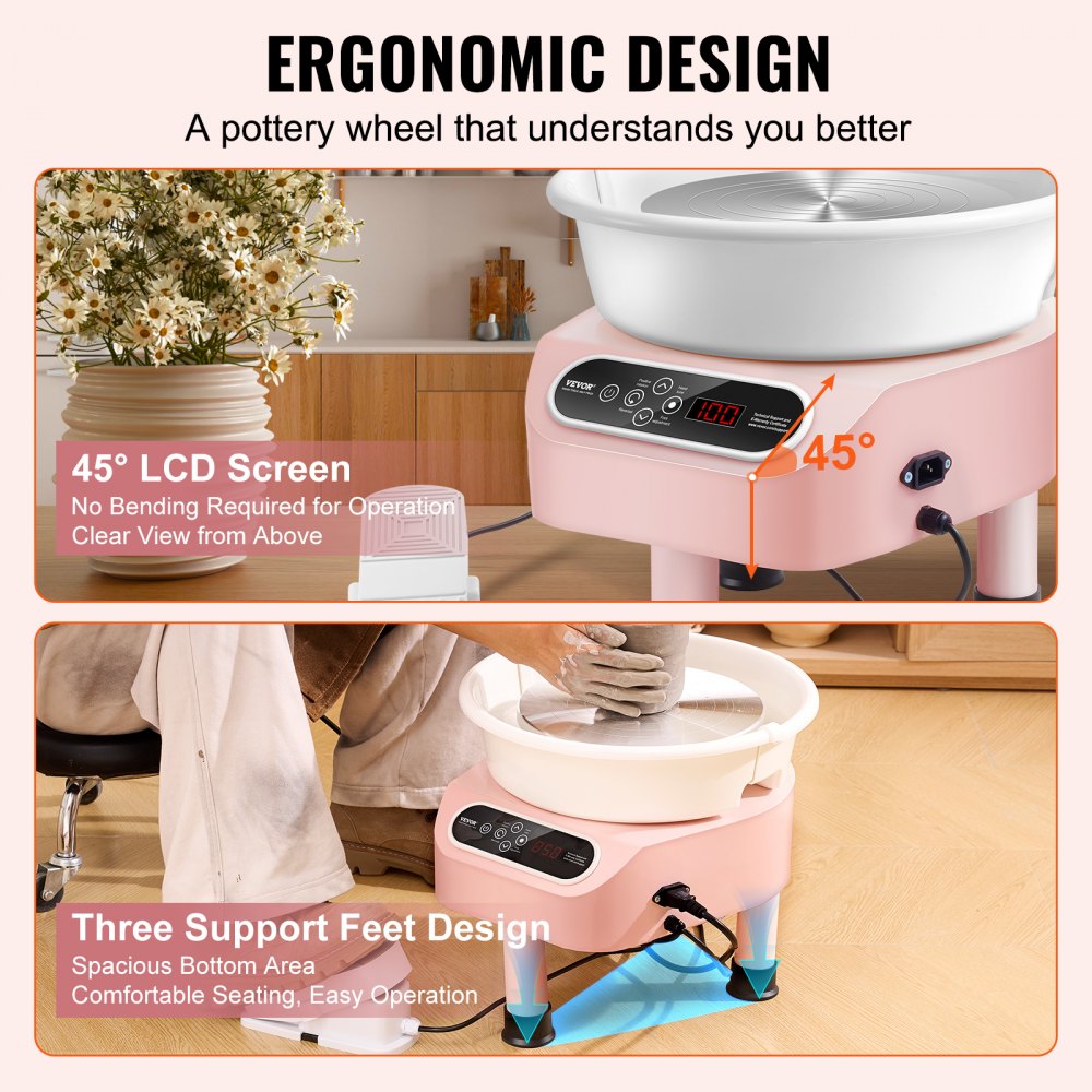 VEVOR Ruota per Ceramica, Macchina per Formare Ceramica Ruota Elettrica, con Pedale Touch Screen LCD Strumenti di Modellazione, 3 Gambe di Supporto, per Artigianato Artistico, 450 W, 280mm, Rosa