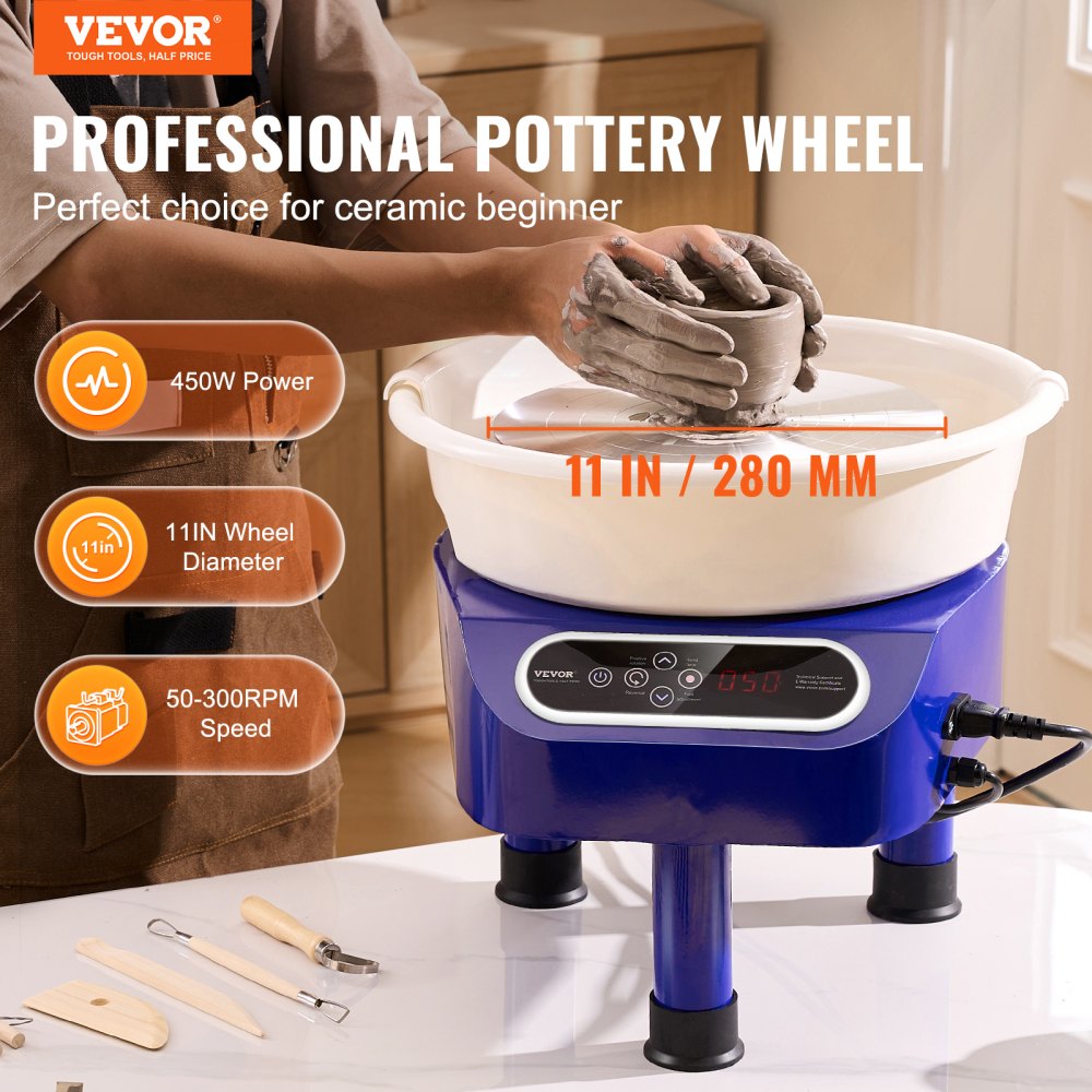 VEVOR Pottery Wheel, 28 cm Pottery Shaping Machine, 450 W Electric Pottery Wheel with Pedal & LCD Touchscreen, Direct Drive Ceramic Wheel with 3 Support Legs for DIY Crafts, Blue
