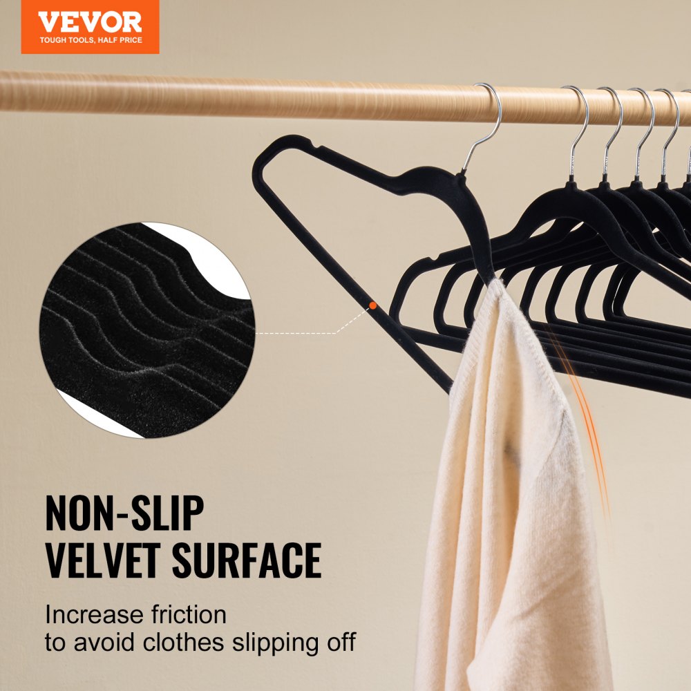 VEVOR Non-Slip Clothes Hangers, Shirt Hangers, 50-Pack White Velvet Hangers with 360-Degree Swivel Hook & 5mm Ultra-Thin Design, Space-Saving Hangers for Silk Clothes, Coats, Sweaters, and Straps