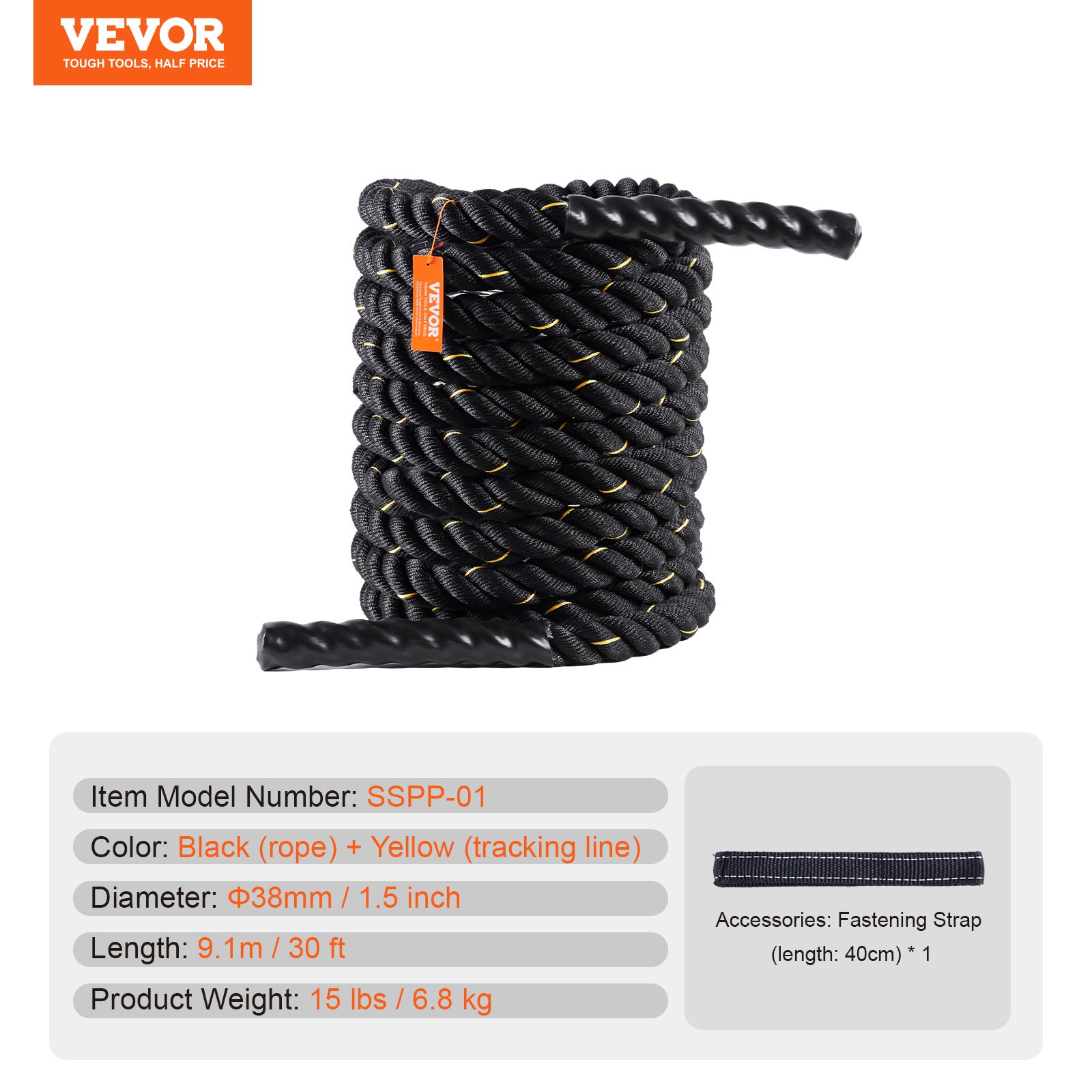 VEVOR Corda da Allenamento in Poliestere 38 mm, Esercizi Pesanti per Palestra Casa, Battle Rope da Allenamento della Forza del Core, Sviluppo Muscolare, Fitness, Corda da Combattimento per Palestra