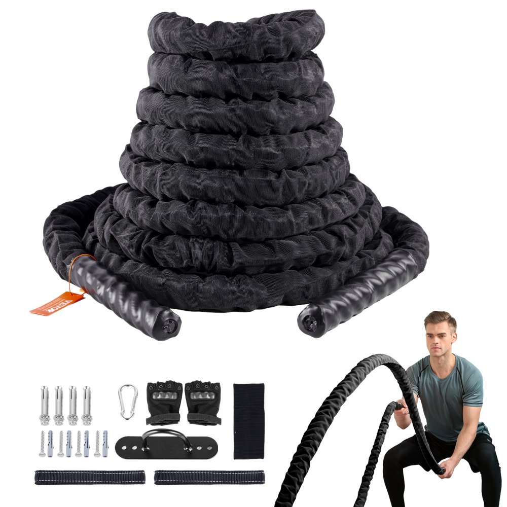 VEVOR Battle Rope Corda da Allenamento Diametro 38 mm Lunghezza 9,1m, Corda da Allenamento in Poliestere, Attrezzatura da Allenamento da Palestra con Ancoraggio, Corda da Battaglia Muscolare Fitness