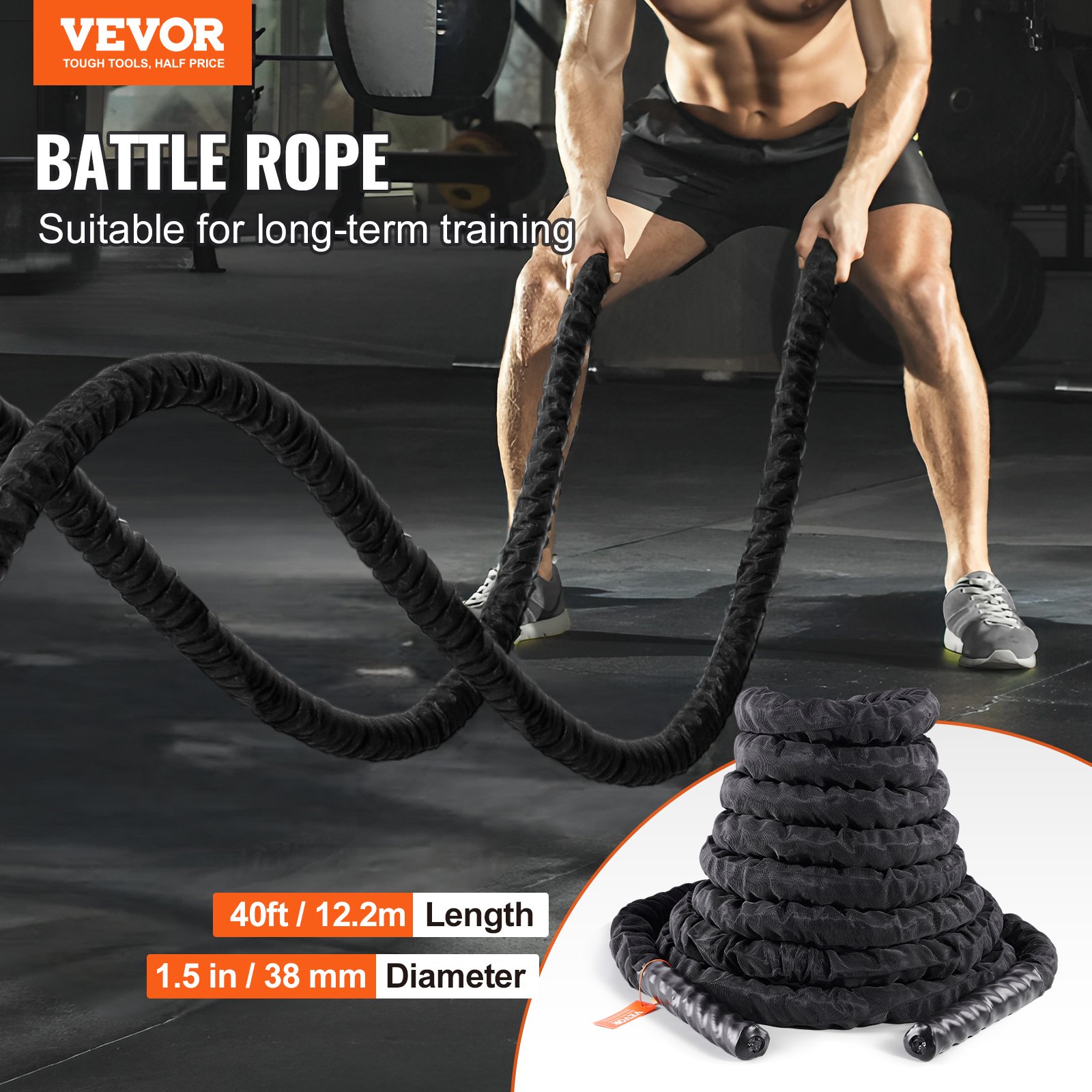 VEVOR Battle Rope, Corda da Allenamento in Poliestere, Attrezzatura da Allenamento Corda da Battaglia con Copertura Protettiva e Ancoraggio, Corda Pesante per Allenamento Muscolare Core da Palestra