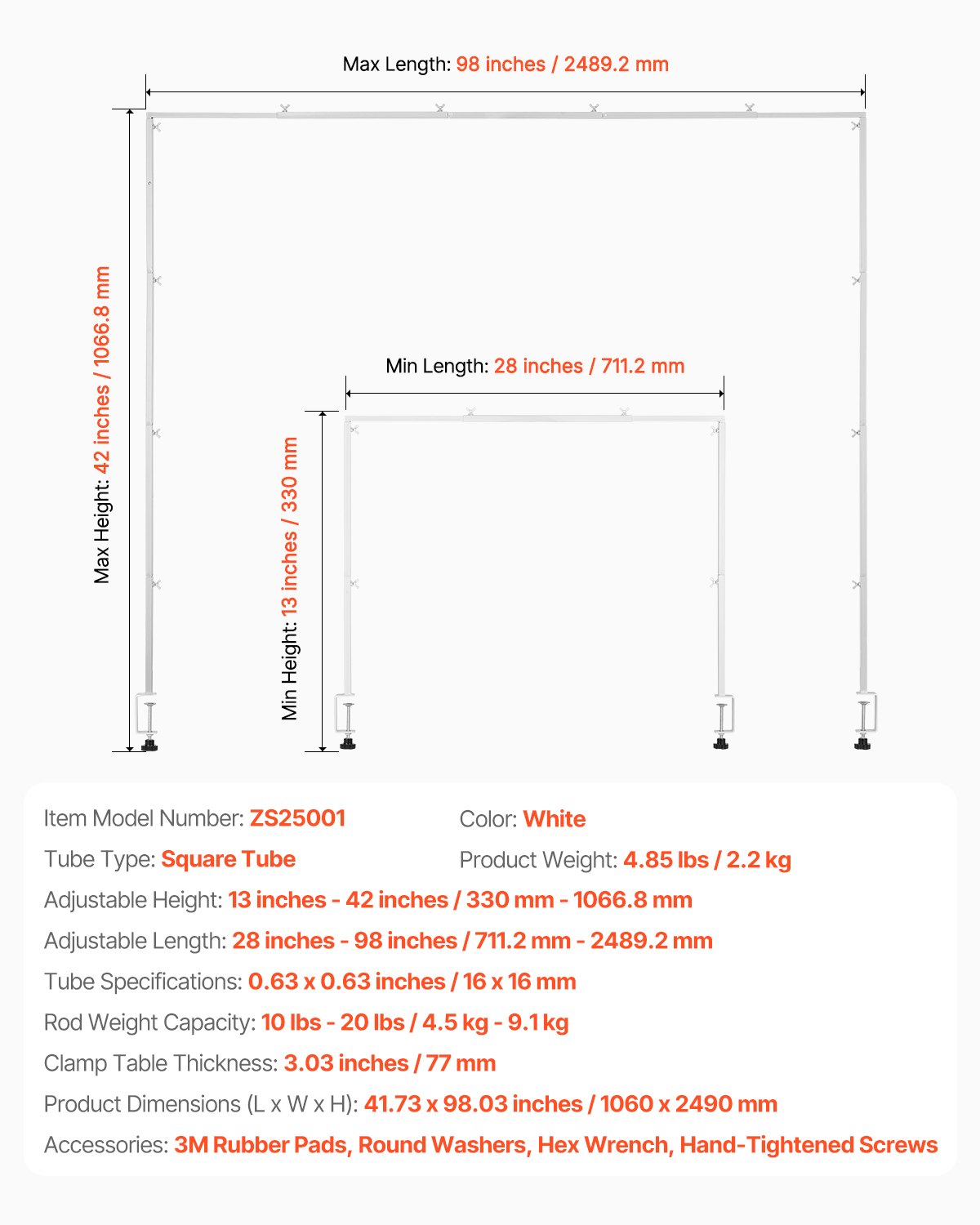 VEVOR Supporto da Tavolo con Morsetti, Altezza ca. 33-107 cm e Lunghezza Regolabile ca. 71-248 cm, Supporto da Tavolo in Metallo, Struttura ad Arco per Palloncini per Matrimoni Natale, Bianco