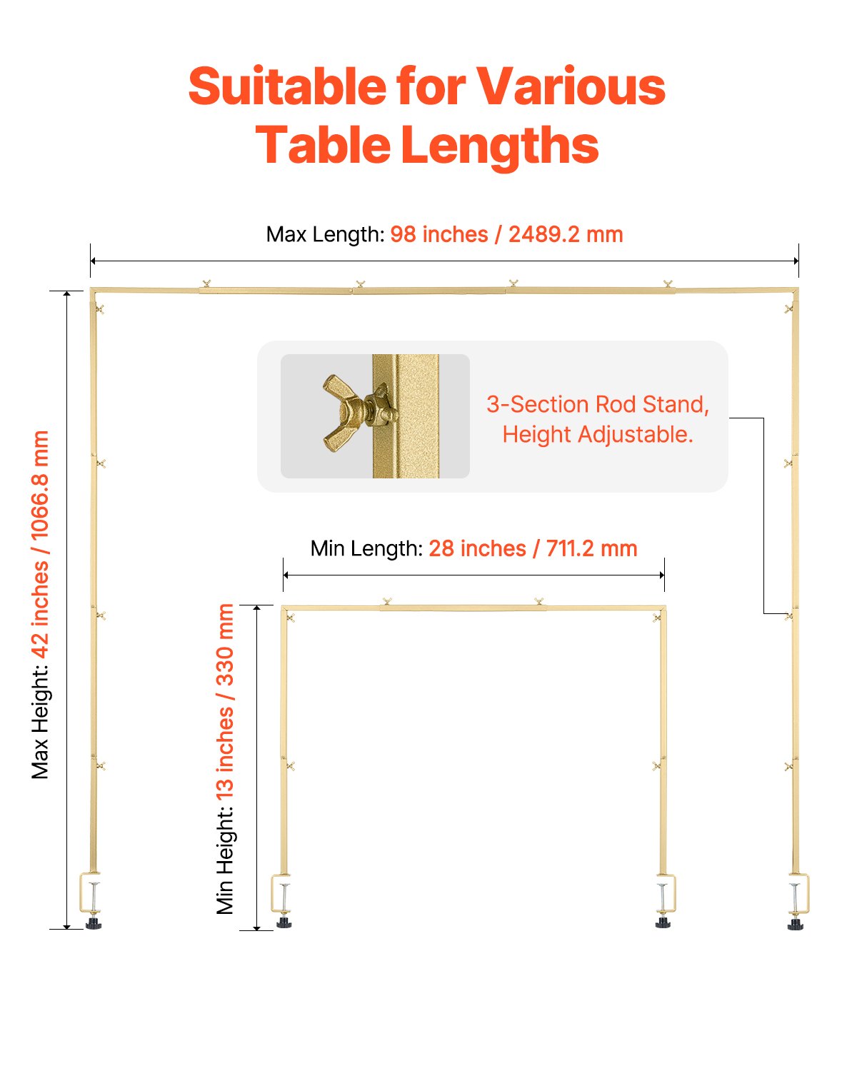 VEVOR Table Decoration Table Rod, 330-1066.8 mm high & 711.2-2489.2 mm length adjustable, table arch with clamps, decorative table frame for wedding, birthday & Christmas decorations, golden