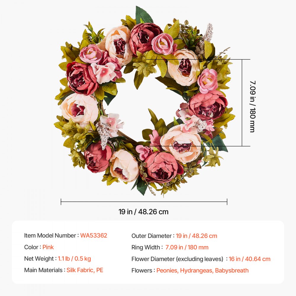 VEVOR Ghirlanda Decorativa Artificiale, 48,26 cm, Rosa, Decorata conPeonie, Ortensie, Velo di Bambino, Ghirlanda per Tutto l'Anno per Decorazioni Interni Esterni, Pareti di Casa, Festival, Matrimoni