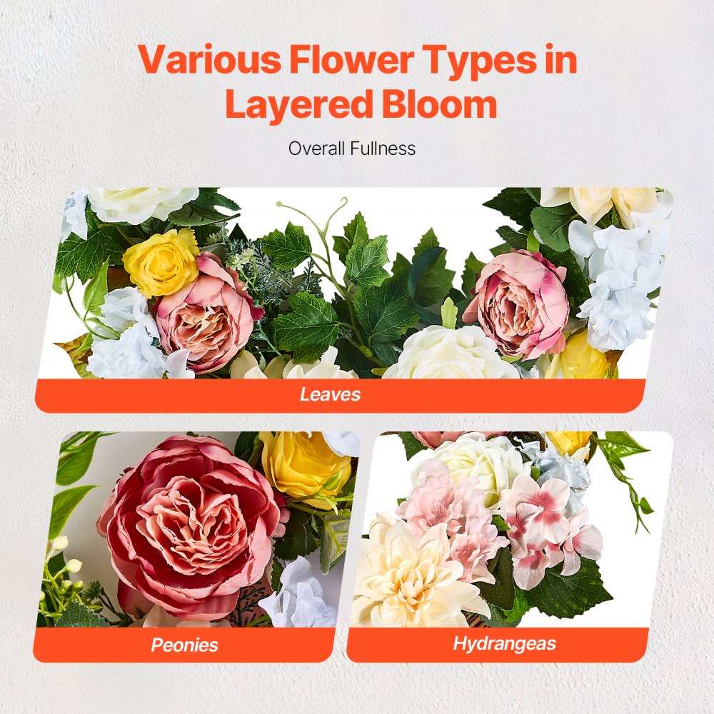 VEVOR Ghirlanda Decorativa Artificiale, 60,96 cm Bianca, Rosa e Gialla, Decorata con Peonie, Ortensie, Ghirlanda per Tutto l'Anno, Decorazioni Interni Esterni, per Pareti di Casa, Festival, Matrimoni