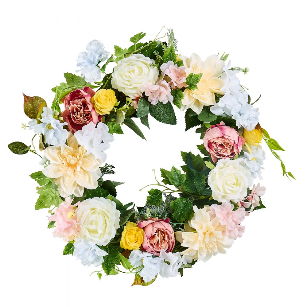 VEVOR Ghirlanda Decorativa Artificiale, 60,96 cm Bianca, Rosa e Gialla, Decorata con Peonie, Ortensie, Ghirlanda per Tutto l'Anno, Decorazioni Interni Esterni, per Pareti di Casa, Festival, Matrimoni