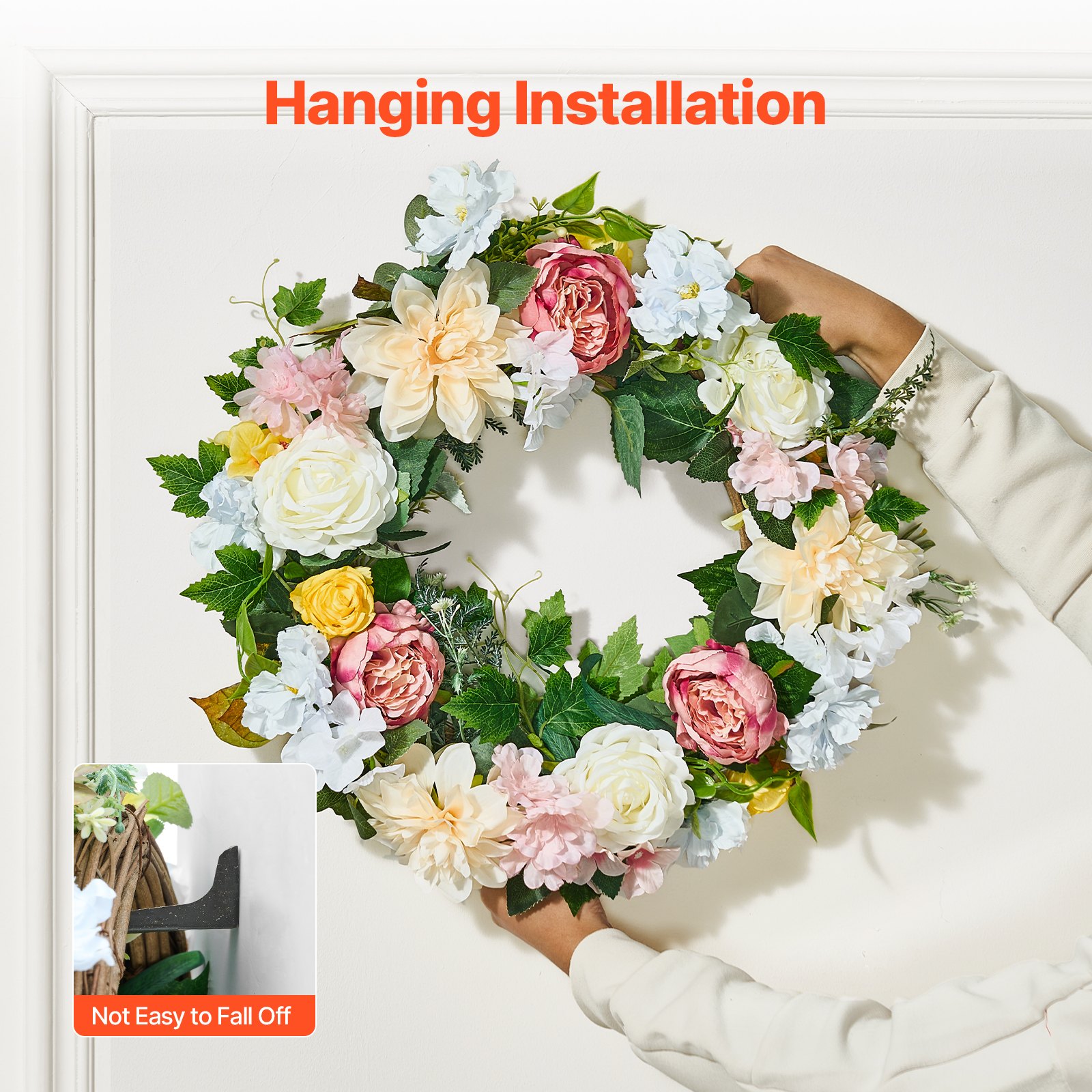 VEVOR Artificial Decorative Wreath, 60.96cm, white, pink, yellow, decorated with peonies and hydrangeas, all-season door wreath, seasonal wreath for indoor and outdoor use, for house walls, windows, festivals, and weddings