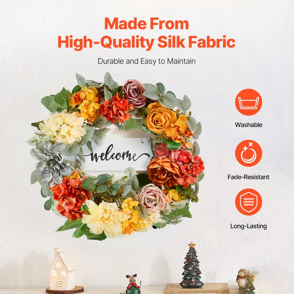 VEVOR Artificial Decorative Wreath, 60.96cm, Red, Orange, Yellow, decorated with hydrangeas, roses, wooden sign, all-year wreath, door wreath, seasonal wreath, indoor & outdoor use, house wall, window, festive decoration