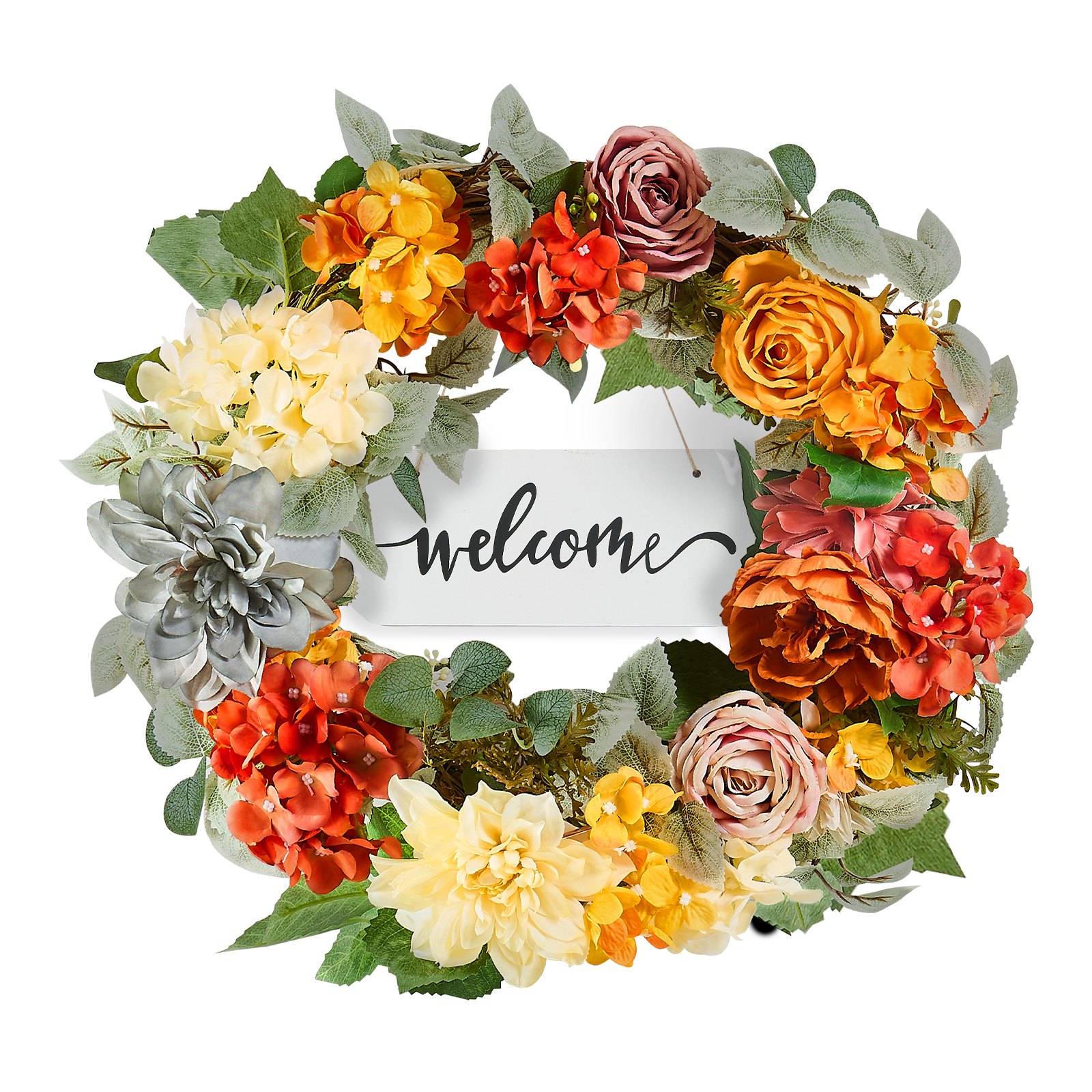 VEVOR Artificial Decorative Wreath, 60.96cm, Red, Orange, Yellow, decorated with hydrangeas, roses, wooden sign, all-year wreath, door wreath, seasonal wreath, indoor & outdoor use, house wall, window, festive decoration