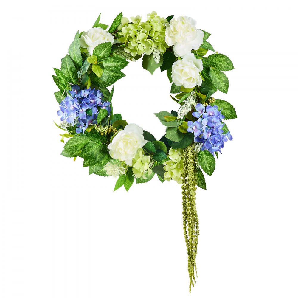VEVOR Artificial Decorative Wreath, 58.42cm, Blue-White-Green, decorated with hydrangeas, roses, berries, vines, year-round door wreath, for indoor & outdoor use, as decoration for house walls, windows & festivals
