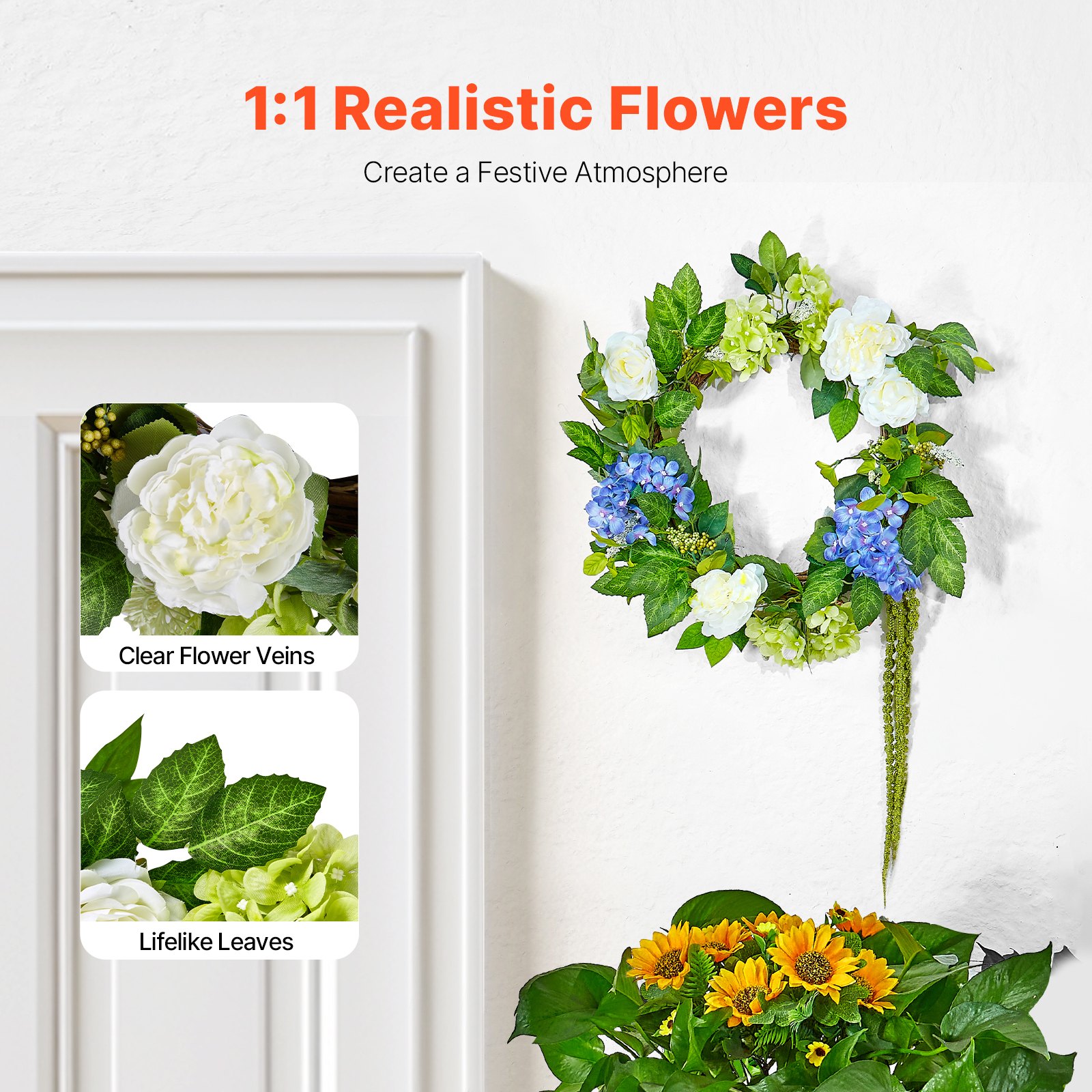 VEVOR Artificial Decorative Wreath, 58.42cm, Blue-White-Green, decorated with hydrangeas, roses, berries, vines, year-round door wreath, for indoor & outdoor use, as decoration for house walls, windows & festivals