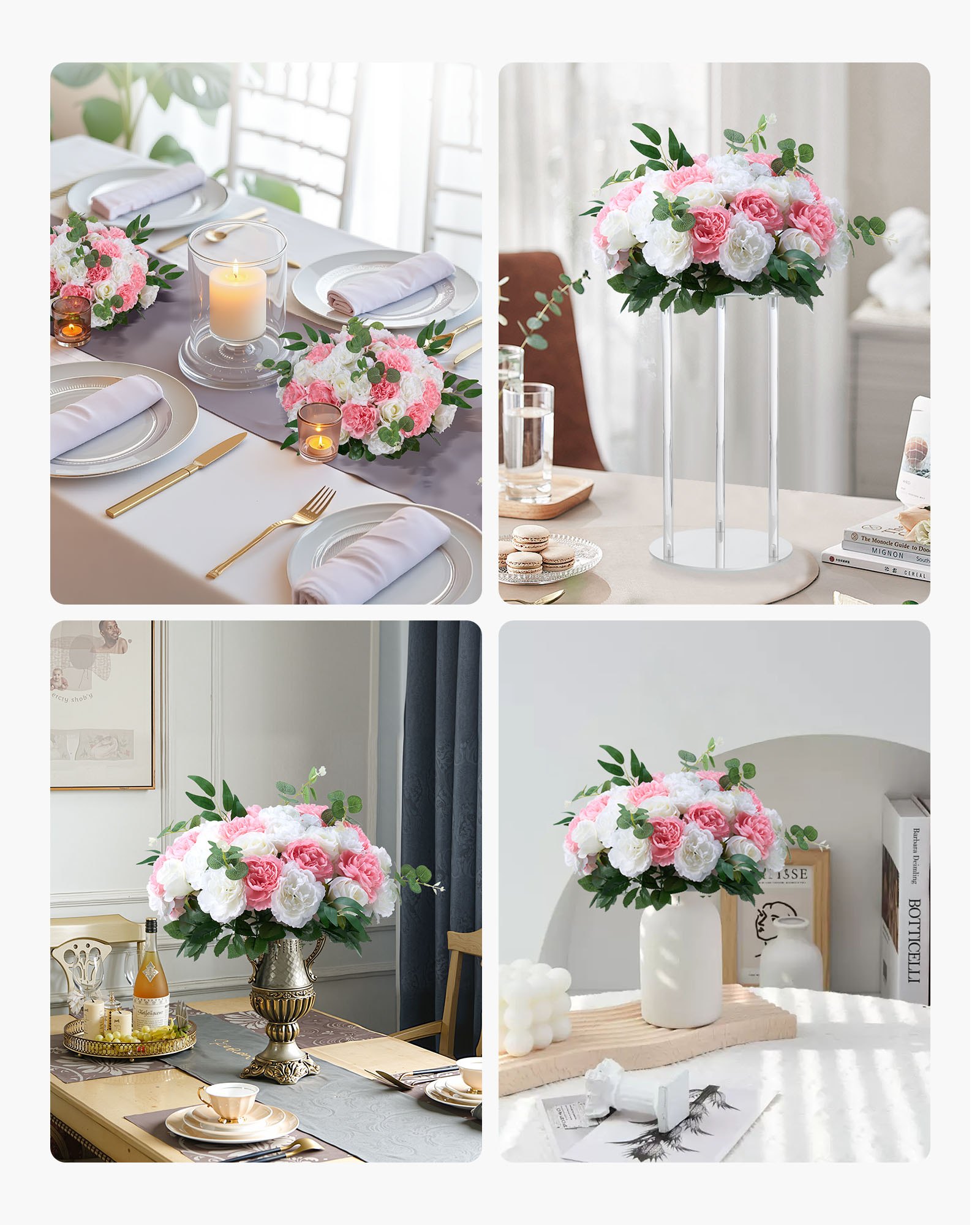 VEVOR Flower Ball Arrangement Bouquet 10 PCS, 450 mm Diameter Artificial Flower Balls Wedding Table Centerpieces, Rose Arrangements for Wedding Centerpiece Home Decorations, Pink and White Roses