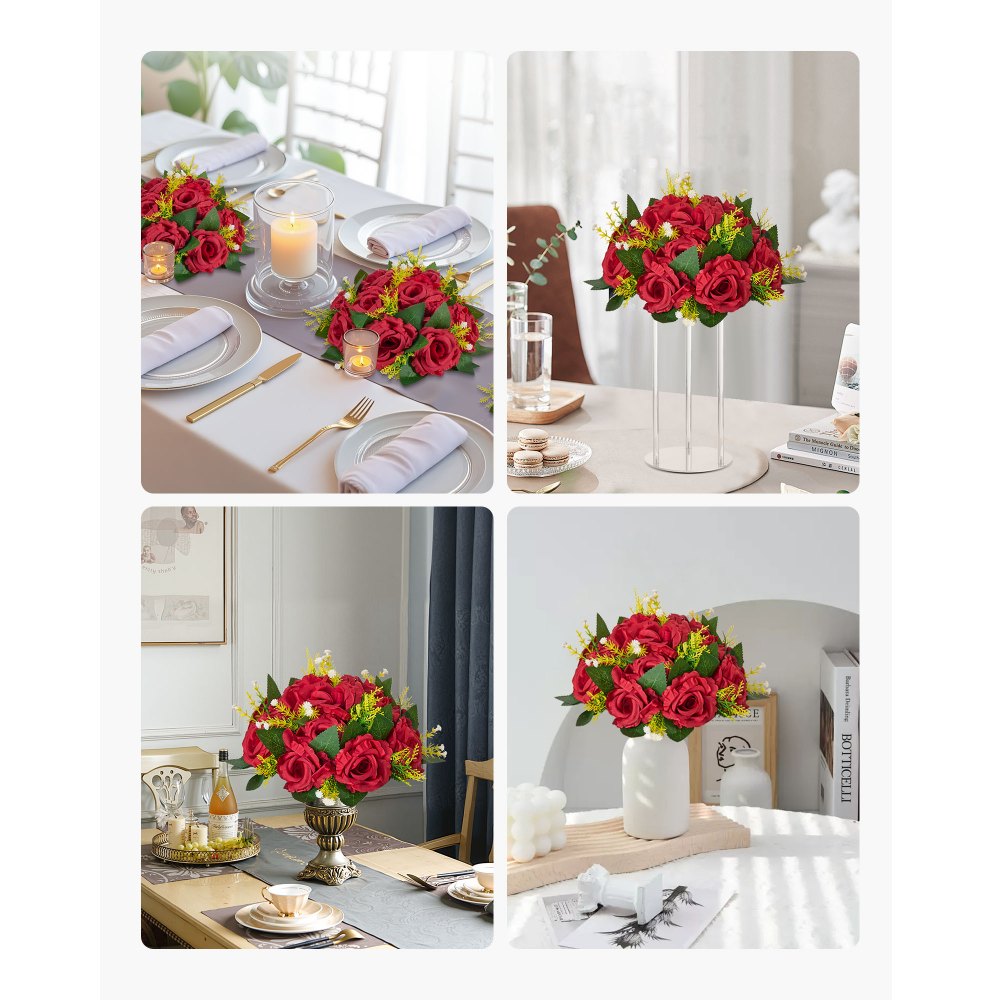 VEVOR Bouquet di Fiori Artificiali, 10 Pezzi, Diametro 24 cm, Centrotavola di Rose per Matrimonio, Composizioni Floreali Finte per Cerimonie, Ricevimenti, Decorazioni per Esterni, Rossa