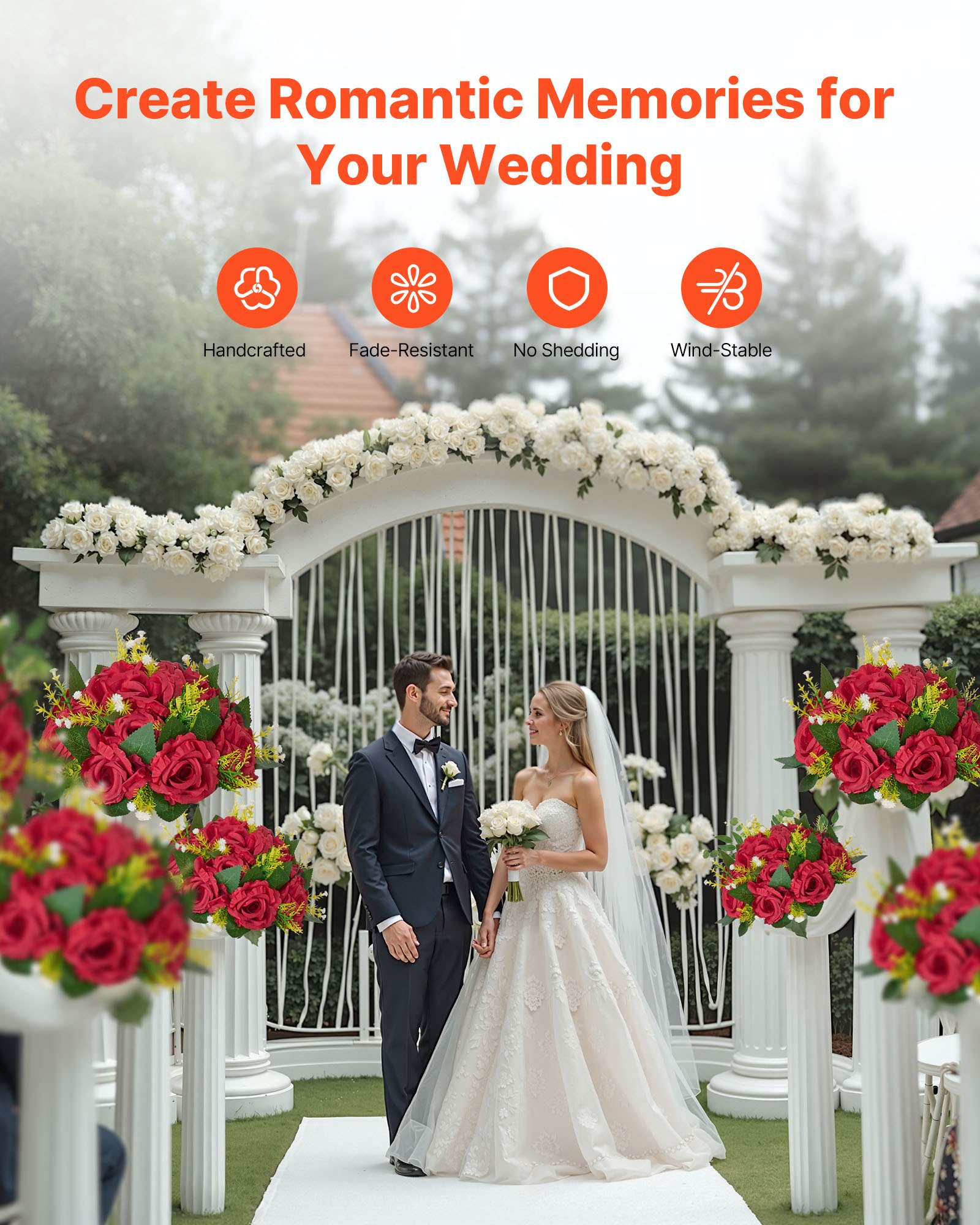 VEVOR Bouquet di Fiori Artificiali, 10 Pezzi, Diametro 24 cm, Centrotavola di Rose per Matrimonio, Composizioni Floreali Finte per Cerimonie, Ricevimenti, Decorazioni per Esterni, Rossa