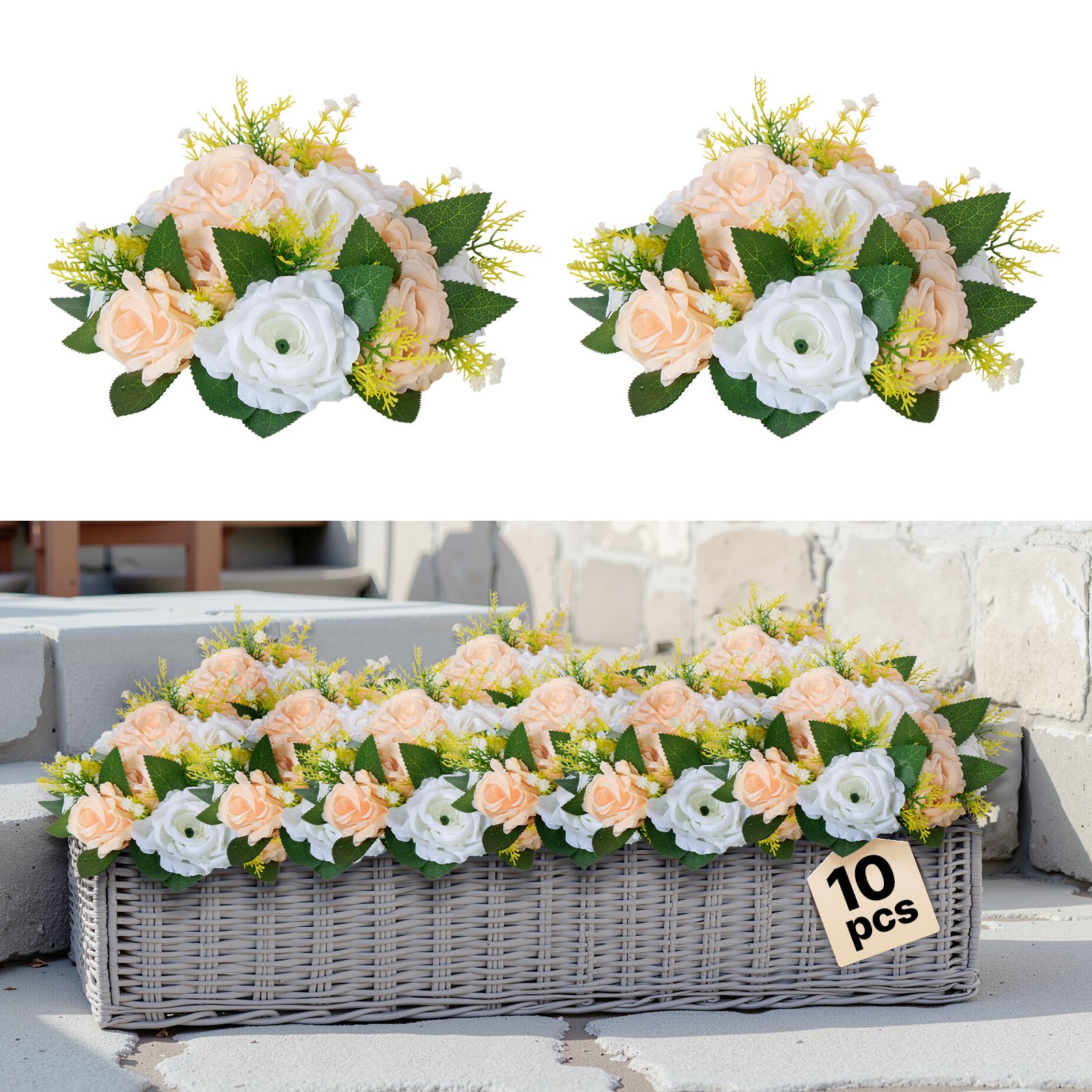 VEVOR Bouquet di Fiori Artificiali, 10 Pezzi, Diametro 24 cm, Centrotavola di Rose per Matrimonio, Composizioni Floreali Finte per Cerimonie, Ricevimenti, Decorazioni per Esterni, Bianche e Champagne