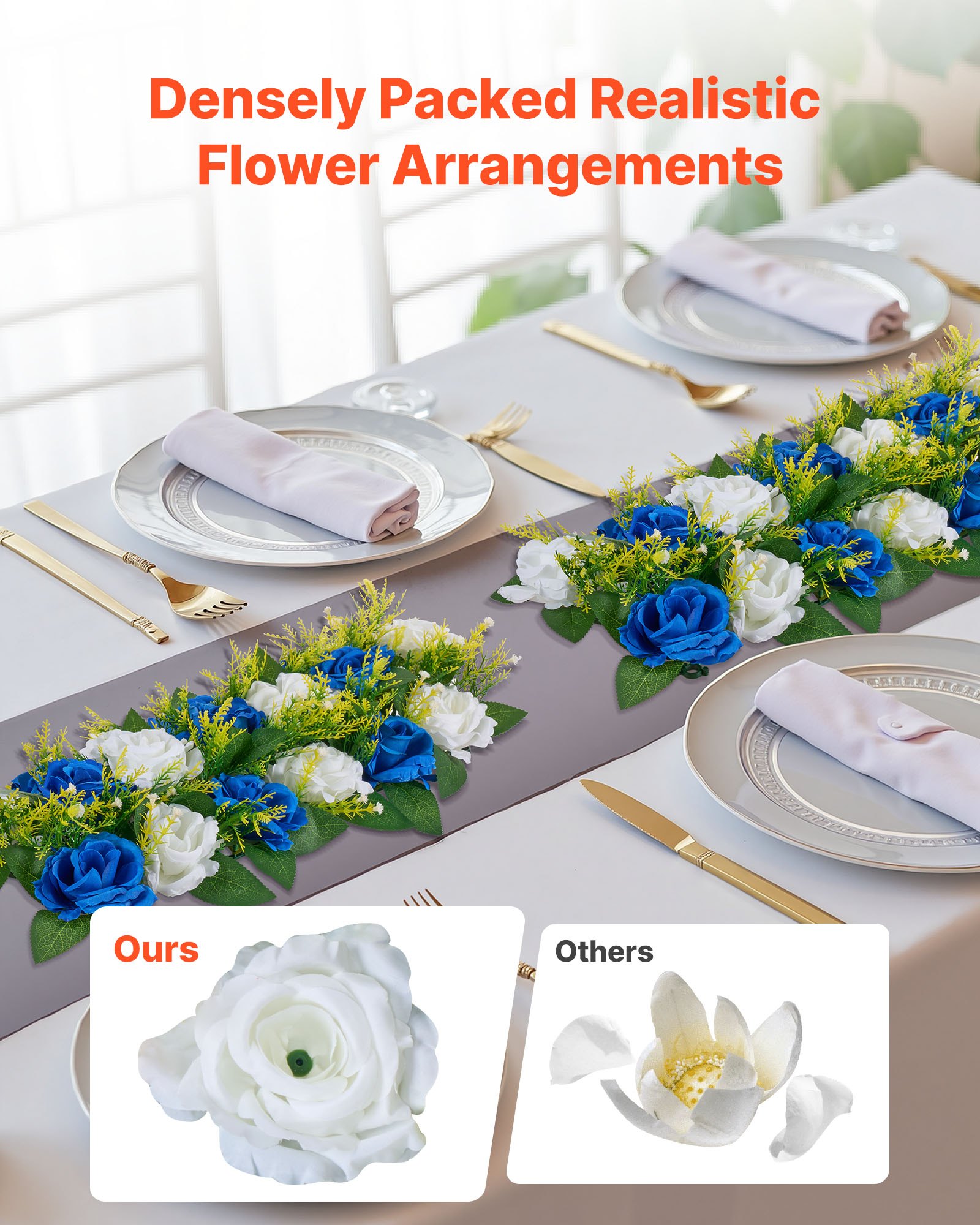 VEVOR Bouquet di Fiori Artificiali, 10 Pezzi, 500 x 220 x 120 mm, Centrotavola di Rose Finte per Matrimonio, Composizioni Floreali per Cerimonie, Ricevimenti, Decorazioni per Esterni, Bianco e Blu