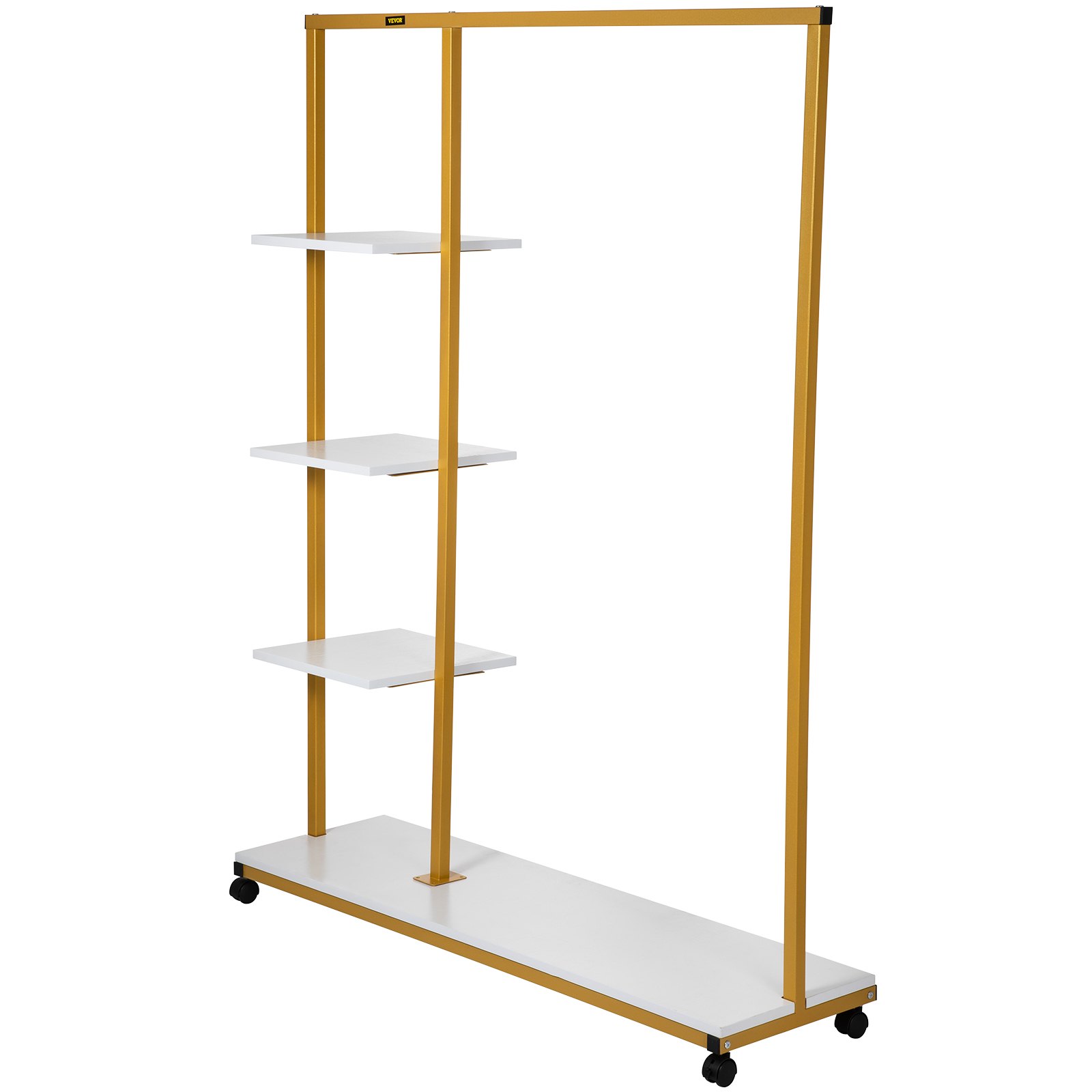 VEVOR Appendiabiti per Impieghi da 120x36x160 cm a 4 Livelli, Espositore in Metallo e Legno MDF con Ruote a Colore d'Oro e Bianco, per Negozi di Abbigliamento, Guardaroba, Laboratori, Boutique, ecc.