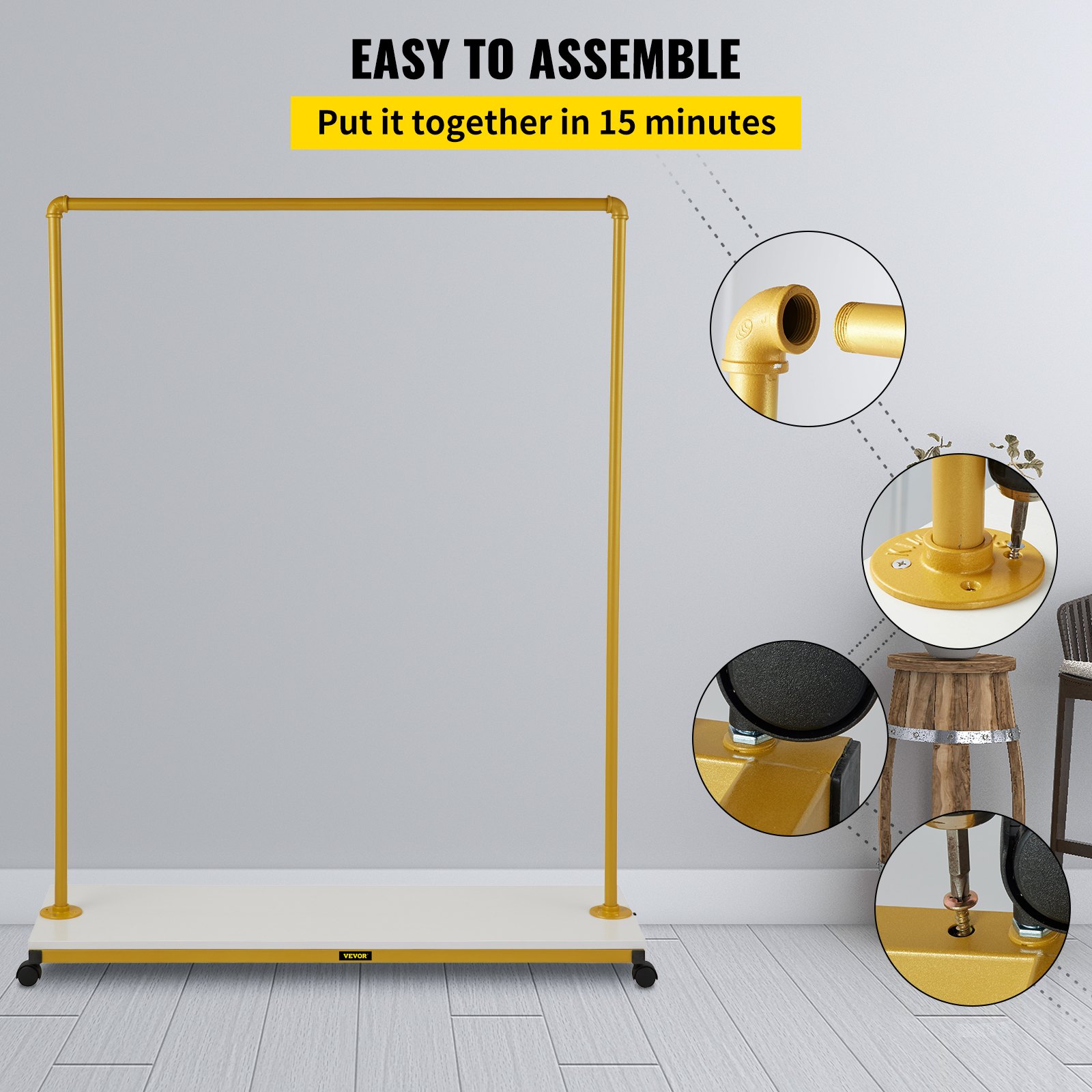 VEVOR Stand Appendiabiti in Metallo e Legno MDF da 120 x 36 x 160 cm, Espositore Moderno con Ruote a Colore d'Oro e Bianco, Adatto per Negozi di Abbigliamento, Guardaroba, Laboratori, Boutique, ecc.