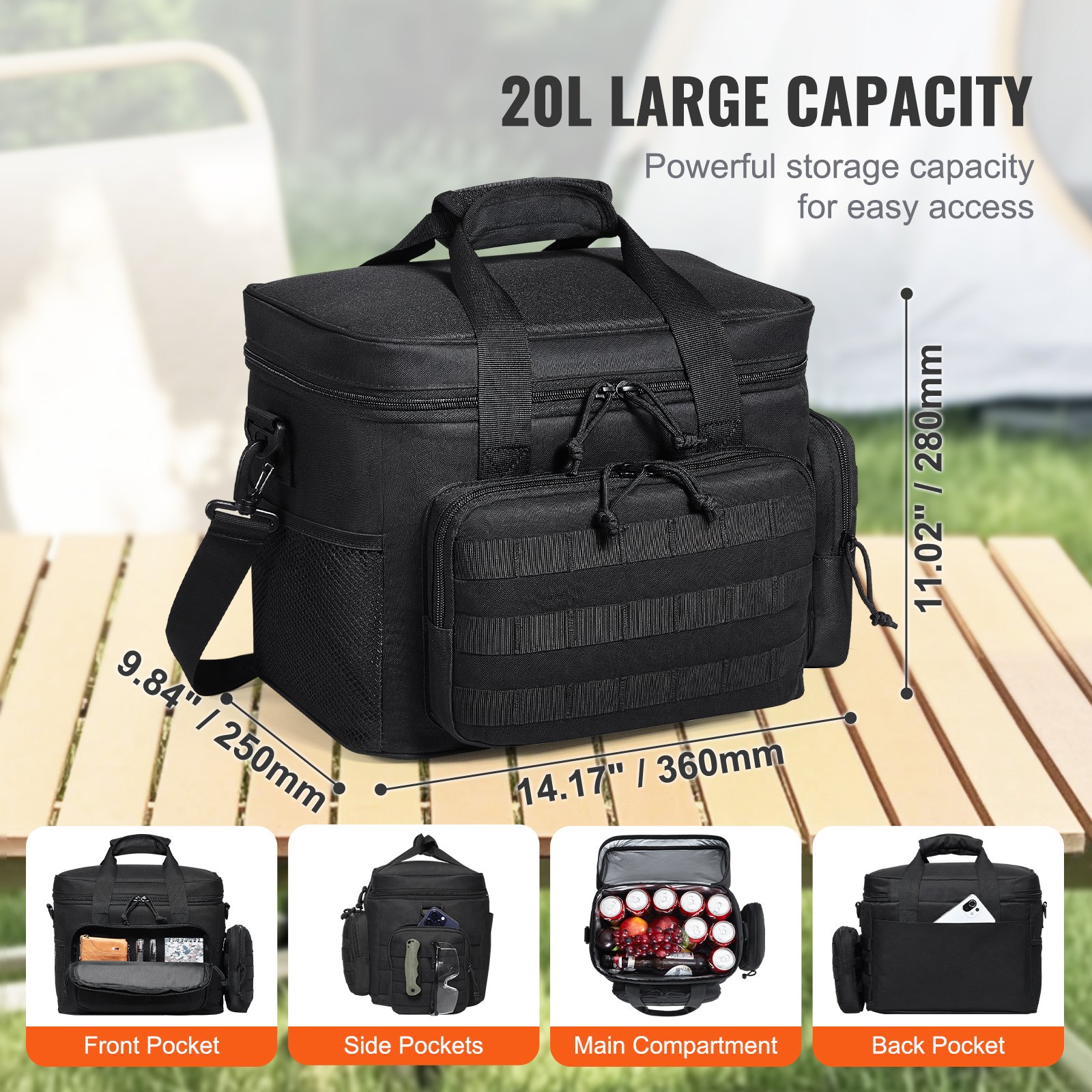VEVOR Borsa Termica per Pranzo 20L con Design Molle e Tasche Multiple, Borsa Termica per Pranzo 600D con Borse Portaoggetti Rimovibili, Borsa Termica Morbida per Ufficio Picnic Escursionismo Spiaggia
