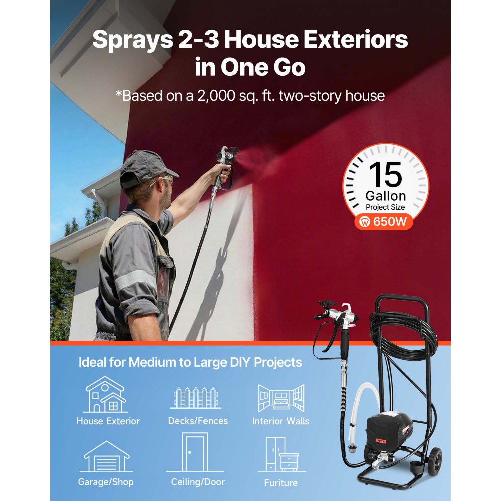 VEVOR Spruzzatore di Vernice Airless con Supporto 640 W 3000 PSI, Sistema di Spruzzatura della Vernice con Spazzola di Pulizia, Asta di Prolunga e Ugelli, Spruzzatore per Verniciatura Uso Domestico