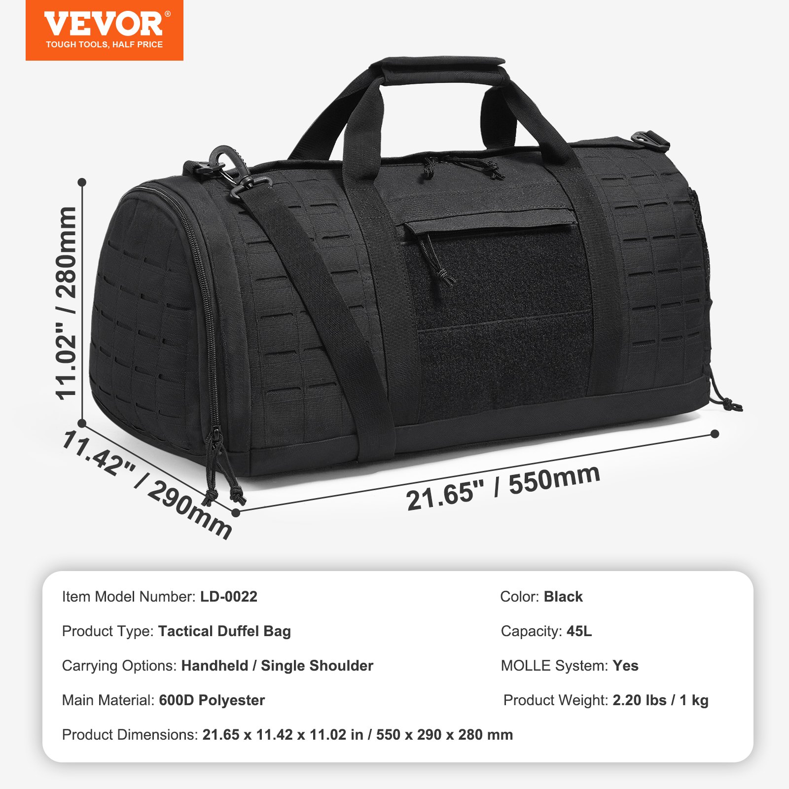 VEVOR Borsa da Viaggio Grande per Attrezzatura Sportiva 45L con Design Molle e Scomparto per Scarpe, Borsa Viaggio Borsa per Attrezzatura, Zaino per Sport Viaggi Campeggio  Fitness