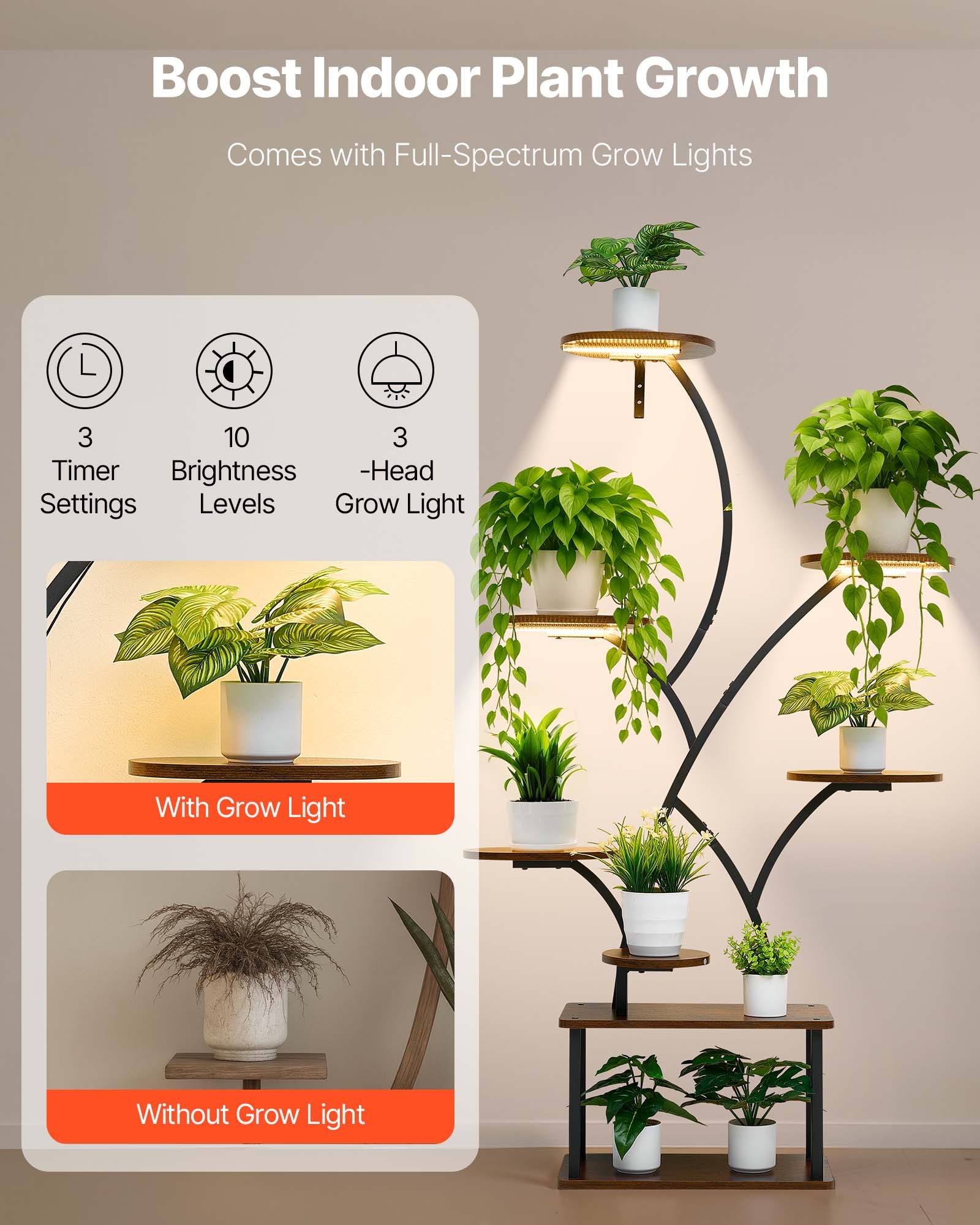 VEVOR Plant Stand Indoor with Grow Lights, 157.5cm Tall 8-Tier Lighted Plant Shelf, Metal Corner Plants Holder, 3 Timer & 10 Brightness, Tree-Shaped Flower Display Rack for Living Room Balcony Decor
