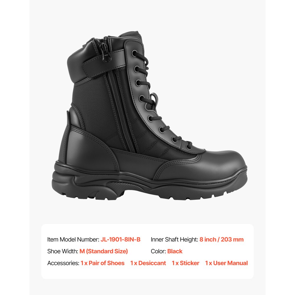 VEVOR Stivali da Lavoro Stivali da Combattimento Taglia UK 8,5 con Cerniera Altezza 203 mm Traspiranti da Esterno per Sicurezza all'Aperto per Escursionismo Tessuto Oxford 1000D, Scarpe da Moto, Nero