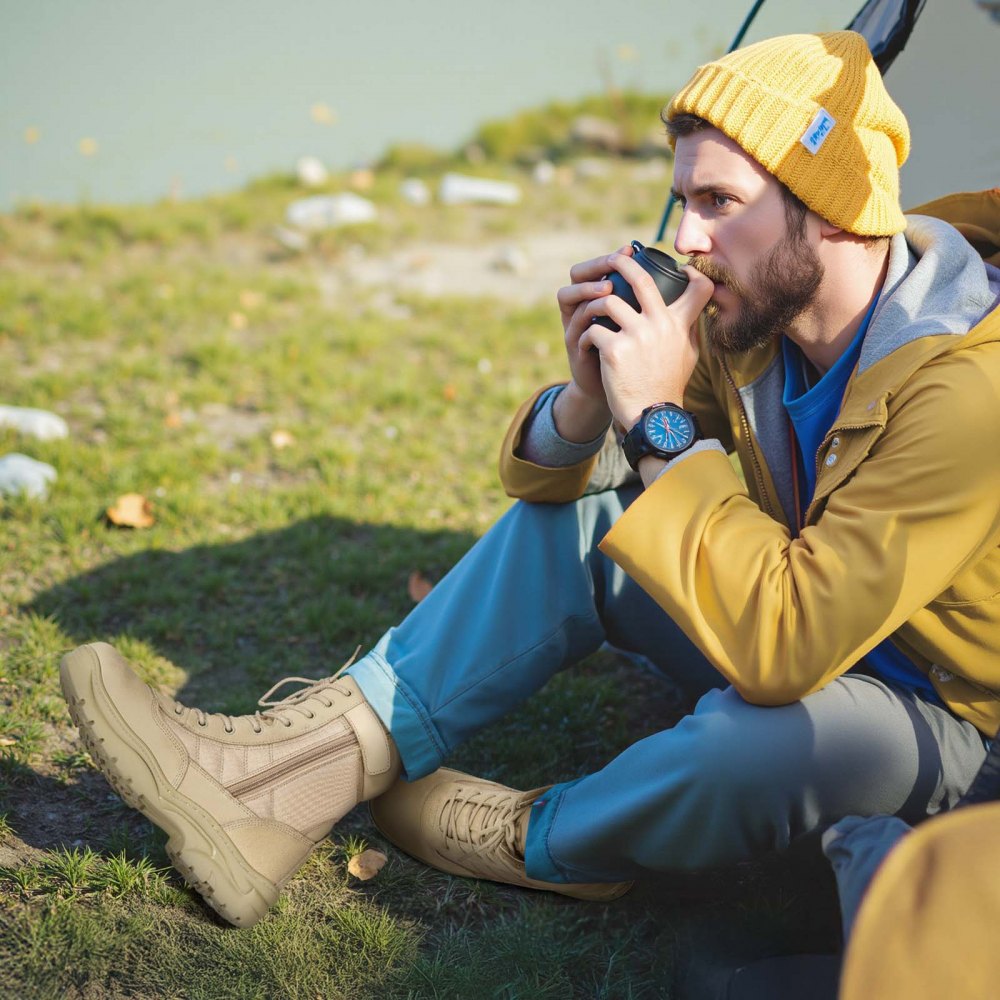VEVOR Stivali da Lavoro da Combattimento Taglia UK 8,5 con Cerniera Altezza 203 mm Traspiranti da Esterno per Sicurezza all'Aperto per Escursionismo Tessuto Oxford 1000D, Scarpe da Moto, Colore Sabbia