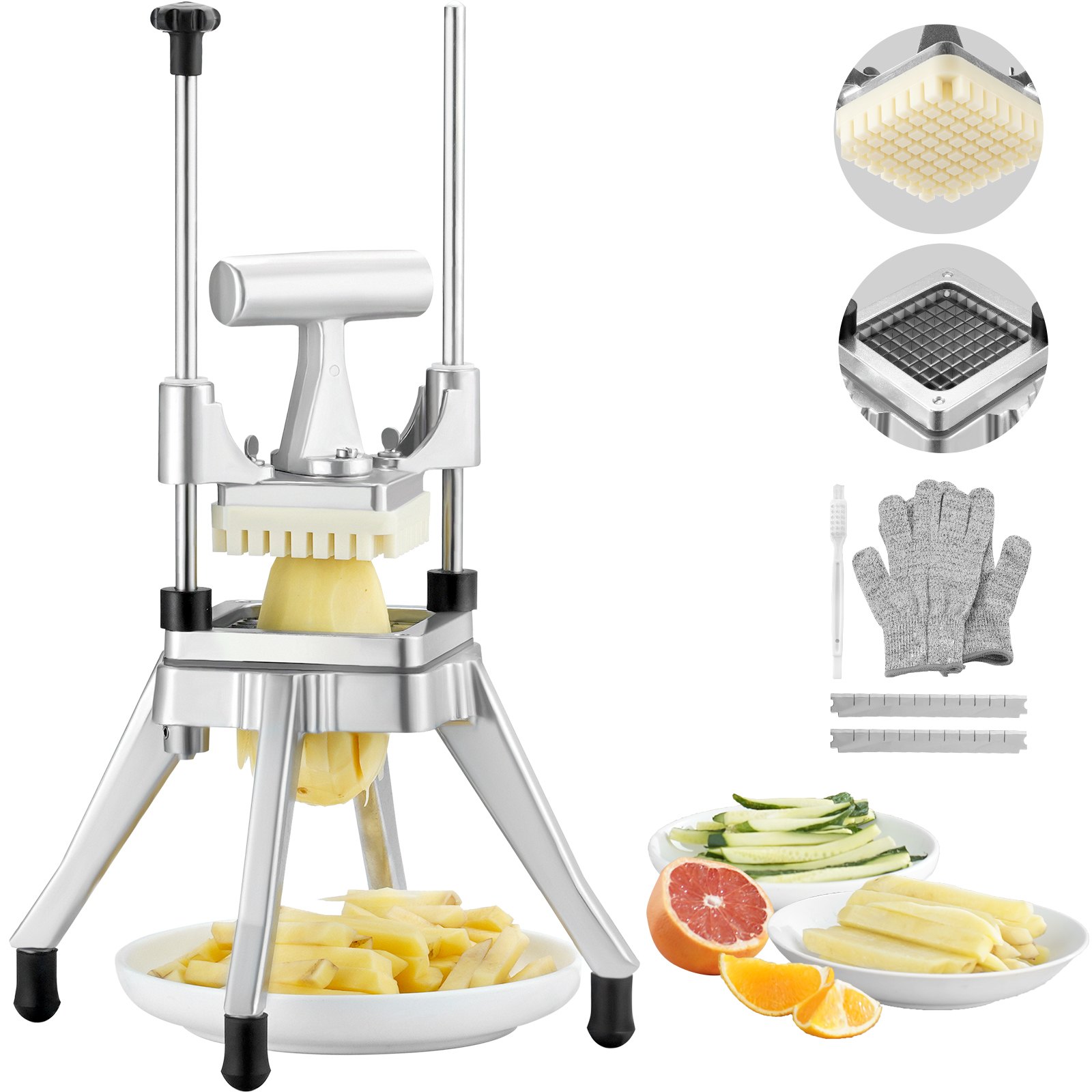 VEVOR Tritatutto Manuale Uso Commerciale Multifunzione in Acciaio Inox Lama 3/8 Pollici 0,95 cm, Tagliapatate Bastoncini di Frutta con 2 Lame di Ricambio, Tritaverdure Manuale Tritatutto per Frutte