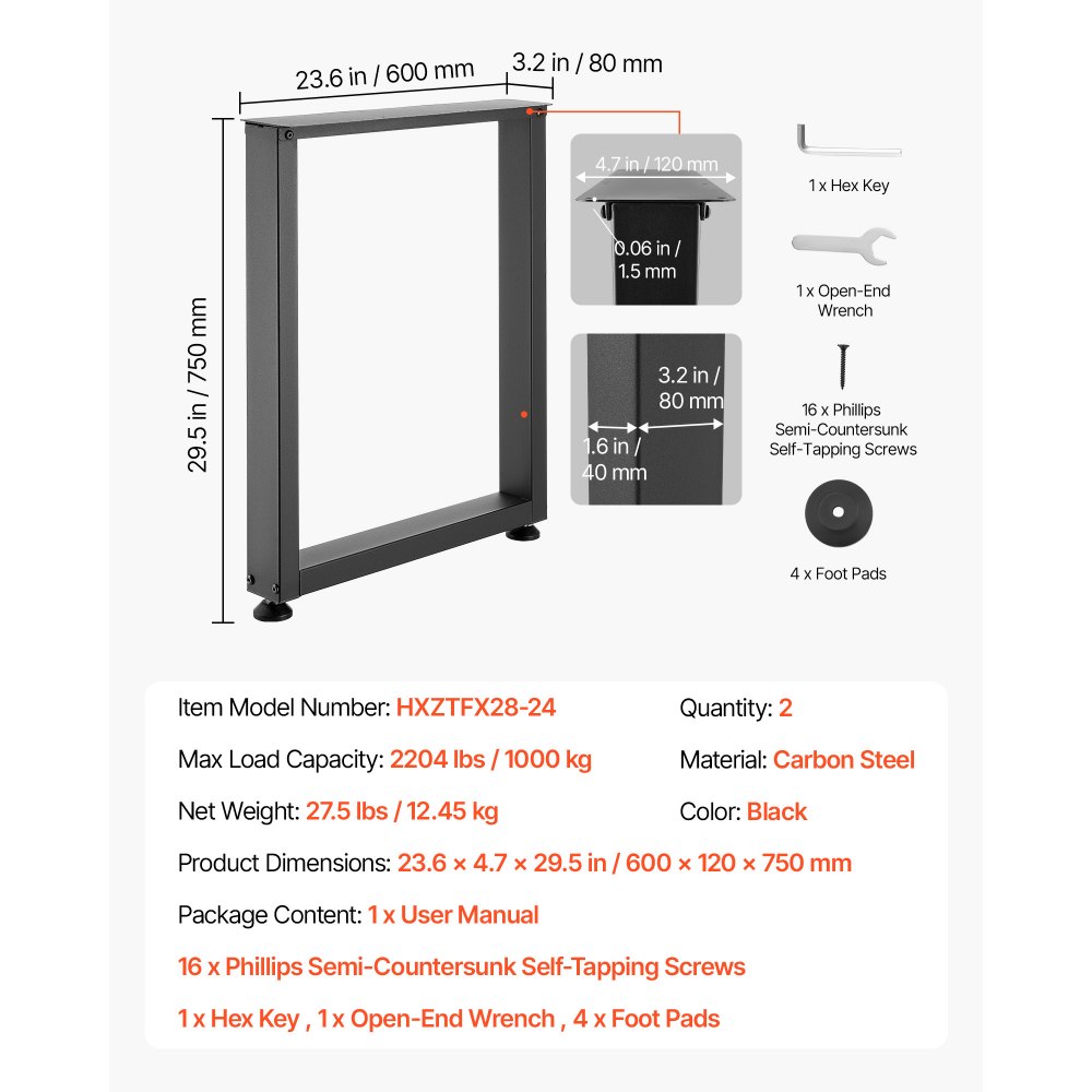 VEVOR Gambe per Tavolo in Acciaio, Gambe per Scrivania Smontabili, Design Modulare, Struttura Quadrata Stabile, Facile da Montare, Carico Max. 1000 kg, per Tavoli da Caffè, 75 x 60 cm, 2 Pezzi, Nero
