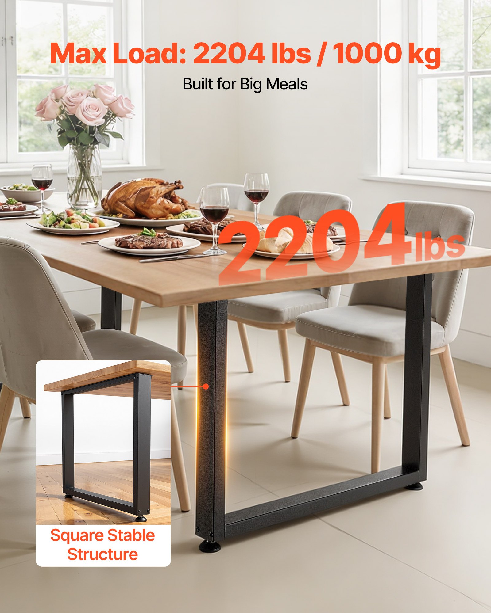 VEVOR Table Legs, 750 x 900 mm (H x W) Square Steel Furniture Legs, Modular Design, Easy Assembly, 1000 kg Max Load Heavy Duty, for Home Office Desk, Workbenches, Dinner Bar Tables, Set of 2, Black