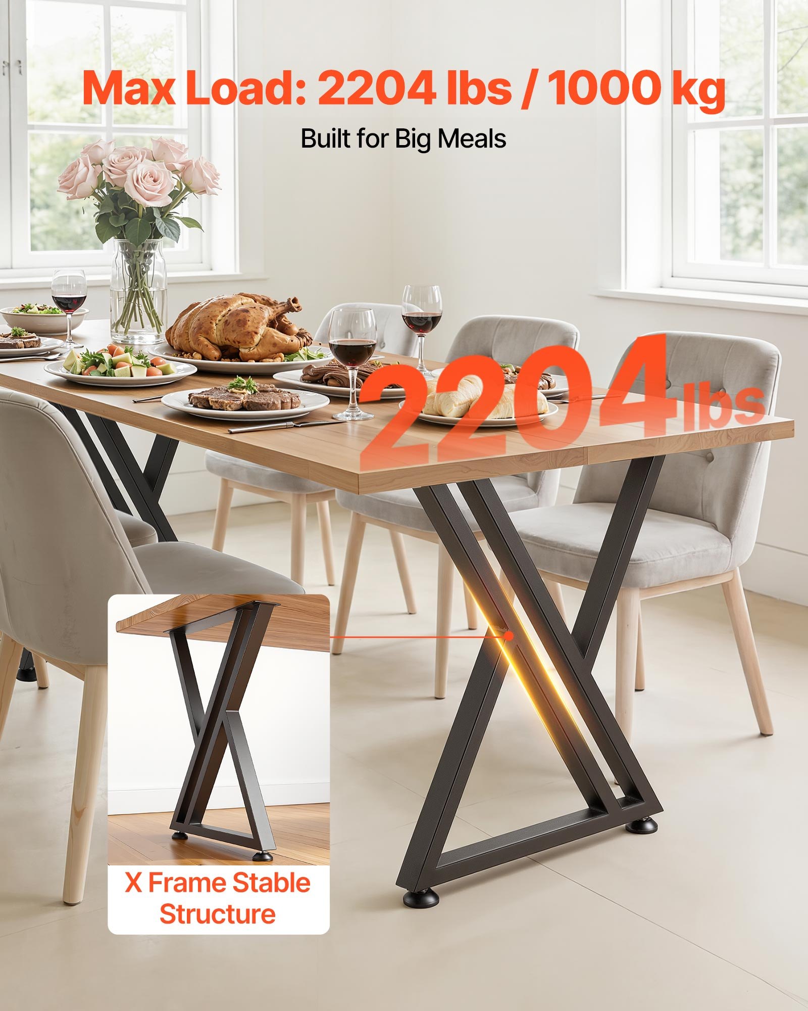 VEVOR Gambe per Tavolo in Acciaio, Gambe per Scrivania Smontabili, Struttura a X Stabile, Installazione Semplice, Carico Massimo di 1000 kg, per Tavoli da Caffè e da Bar, 74 x 61 cm, 2 Pezzi, Nero