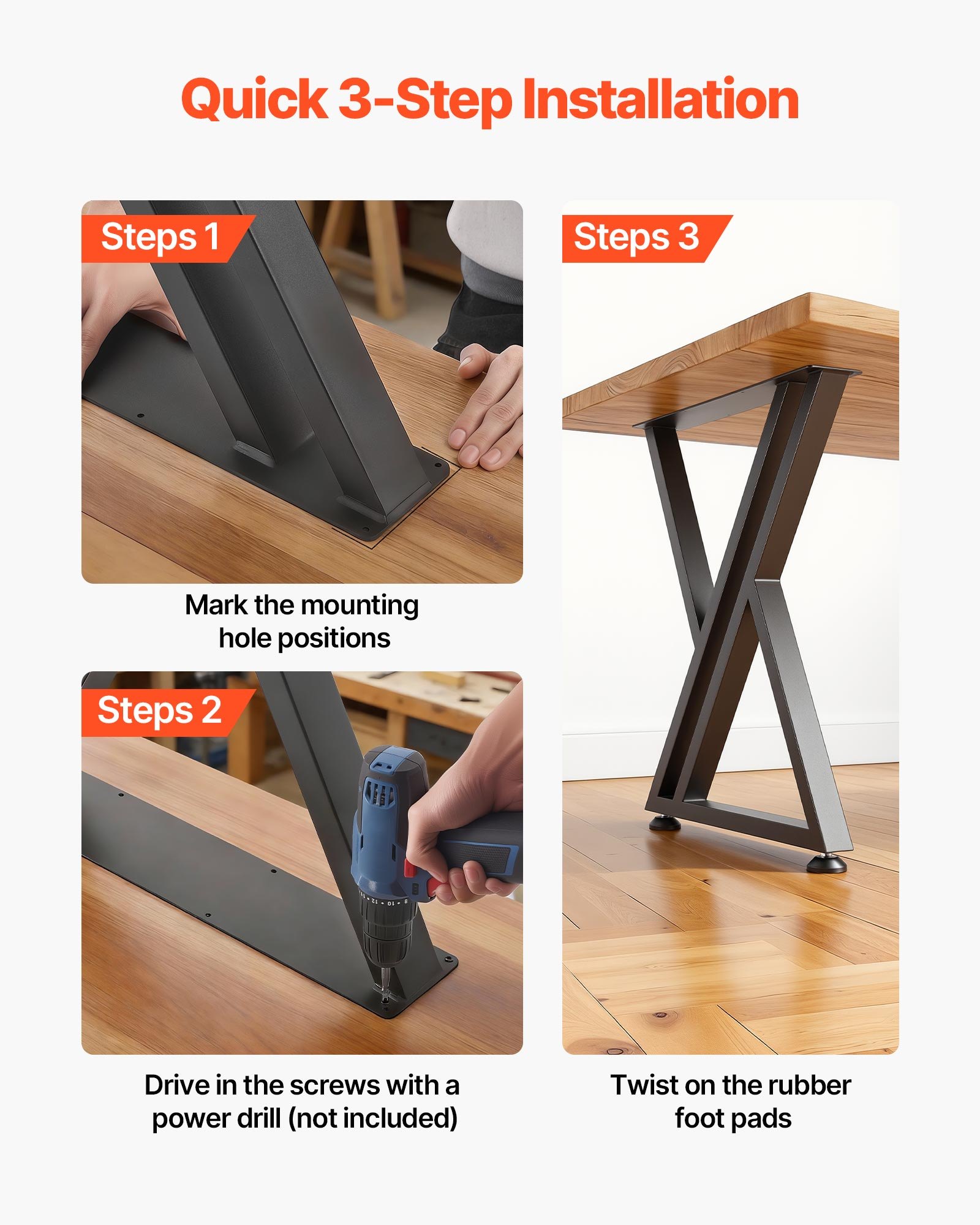 VEVOR Gambe per Tavolo in Acciaio, Gambe per Scrivania Smontabili, Struttura a X Stabile, Installazione Semplice, Carico Massimo di 1000 kg, per Tavoli da Caffè e da Bar, 74 x 61 cm, 2 Pezzi, Nero