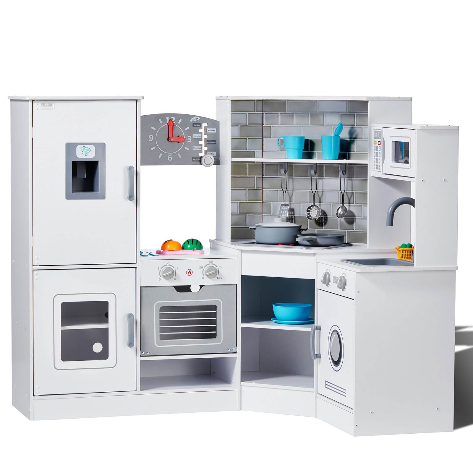 VEVOR Giocattolo Cucina per Bambini, Set Giocattolo da Cucina ad Angolo in Legno con Luci Suoni Macchina per Ghiaccio Forno Lavello Microonde Frigorifero Utensili, Giocattolo Cucina, 24 pz, Bianco