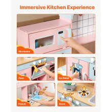 VEVOR Giocattolo Cucina per Bambini, Set Giocattolo da Cucina per Bambini in Legno con Luci Suoni Macchina per Ghiaccio Forno Lavello Microonde Frigorifero Utensili, Giocattolo Cucina, 24 pz, Rosa