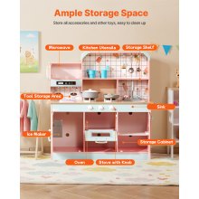 VEVOR Giocattolo Cucina per Bambini, Set Giocattolo da Cucina per Bambini in Legno con Luci Suoni Macchina per Ghiaccio Forno Lavello Microonde Frigorifero Utensili, Giocattolo Cucina, 24 pz, Rosa