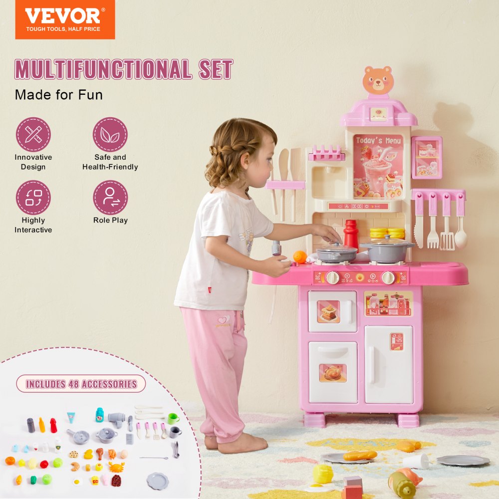 VEVOR Set da Cucina per Bambini da 3 a 5 Anni,  Set da Cucina da Gioco con Fornello con Vapore, Suoni e Luci, con Accessori da Cucina da 48 Pezzi per Bambini Piccoli, Bambini in Età Prescolare, Rosa