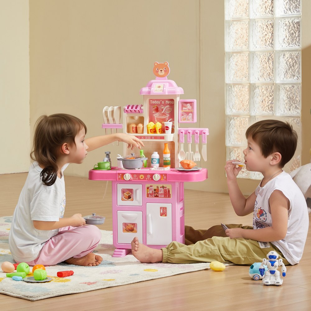 VEVOR Set da Cucina per Bambini da 3 a 5 Anni,  Set da Cucina da Gioco con Fornello con Vapore, Suoni e Luci, con Accessori da Cucina da 48 Pezzi per Bambini Piccoli, Bambini in Età Prescolare, Rosa