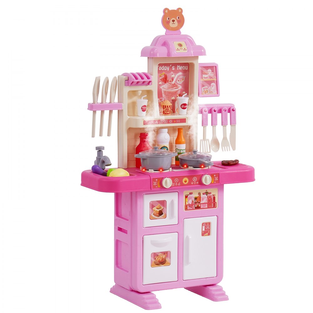 VEVOR Children's Kitchen Playset, Toddler Kitchen with Cooking Stove with Steam, Sounds and Lights, Play Kitchen Set with 48-Piece Cooking Accessory Set for Toddlers, Preschoolers, Children Aged 3-5 Years, Pink
