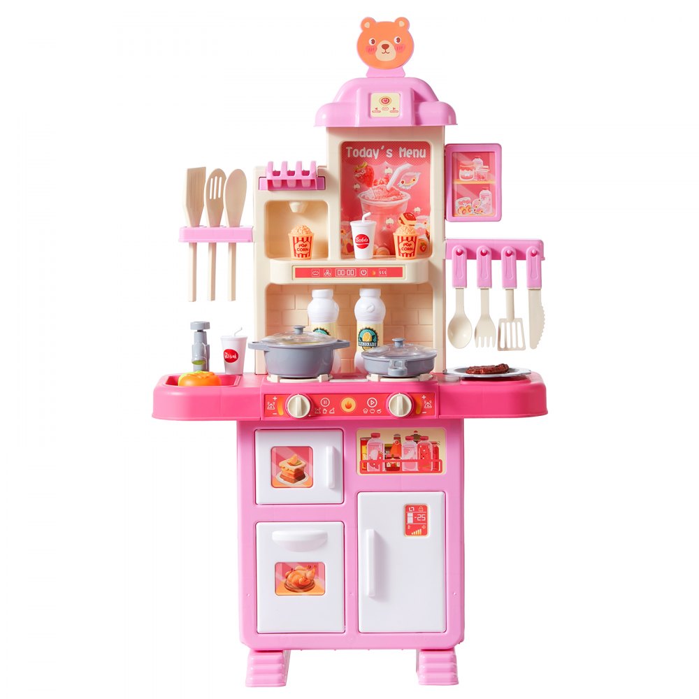 VEVOR Children's Kitchen Playset, Toddler Kitchen with Cooking Stove with Steam, Sounds and Lights, Play Kitchen Set with 48-Piece Cooking Accessory Set for Toddlers, Preschoolers, Children Aged 3-5 Years, Pink